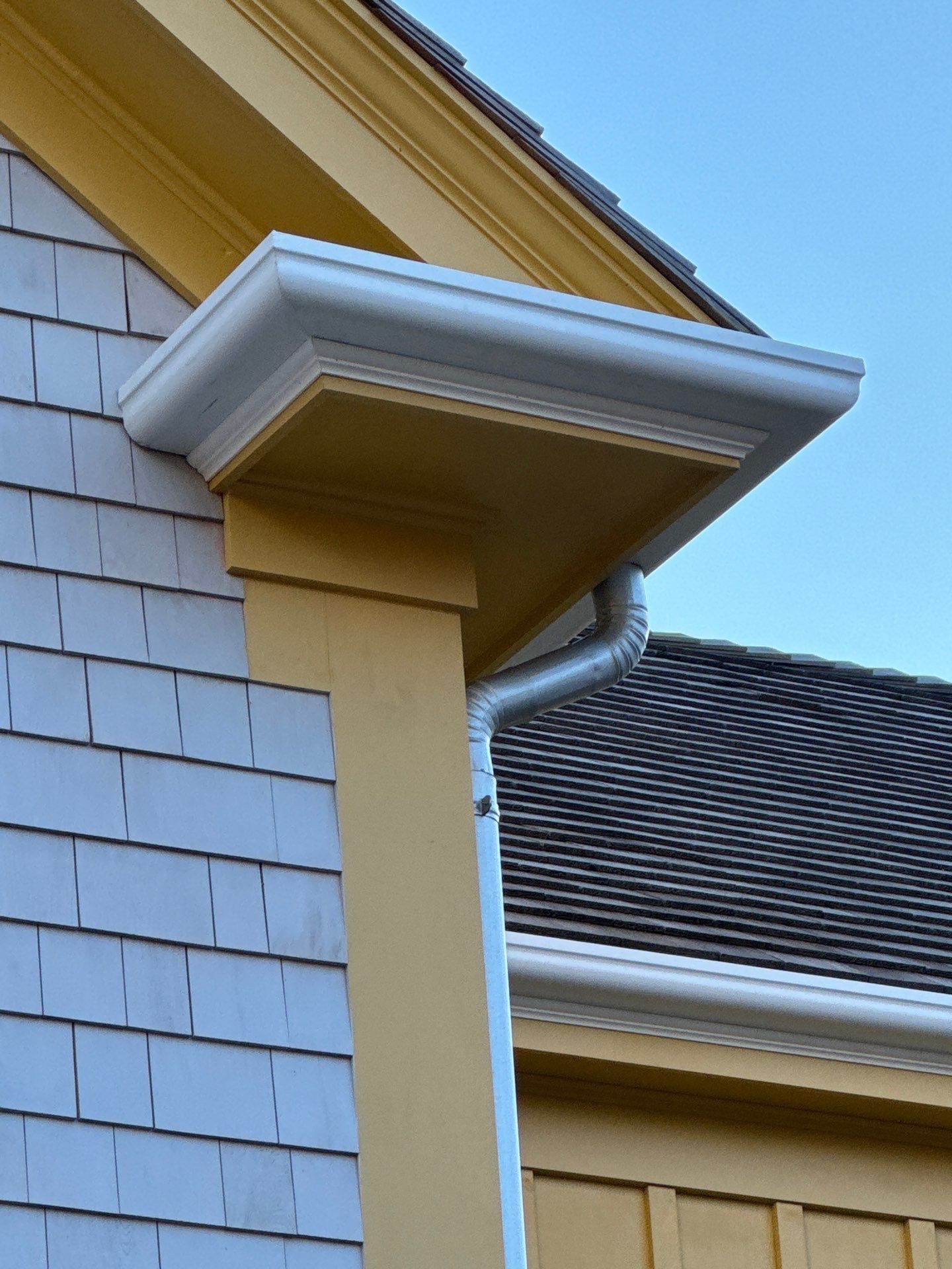 4x6 Fiberglass Gutter Installed with Round Smooth Galvalume Downspouts in Duxbury, MA by Gutter Pro Enterprises