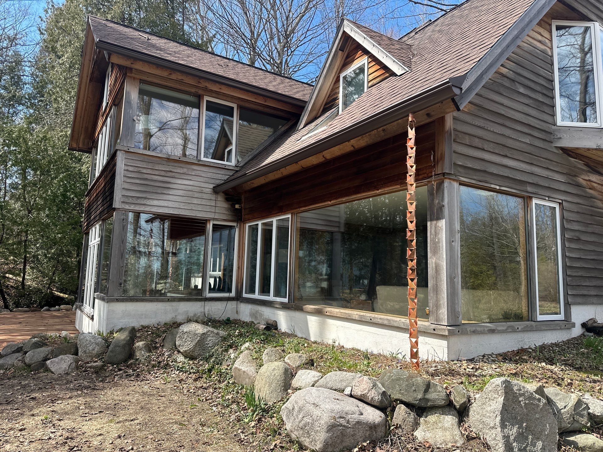 Gutter, Gutter Helmet and Copper Rain Chain Installation in Suttons Bay by Rainbow Seamless Systems