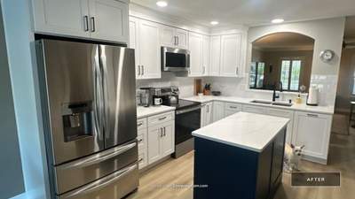 Live Oak Kitchen Refresh Featuring White Shaker Cabinets and Navy Island