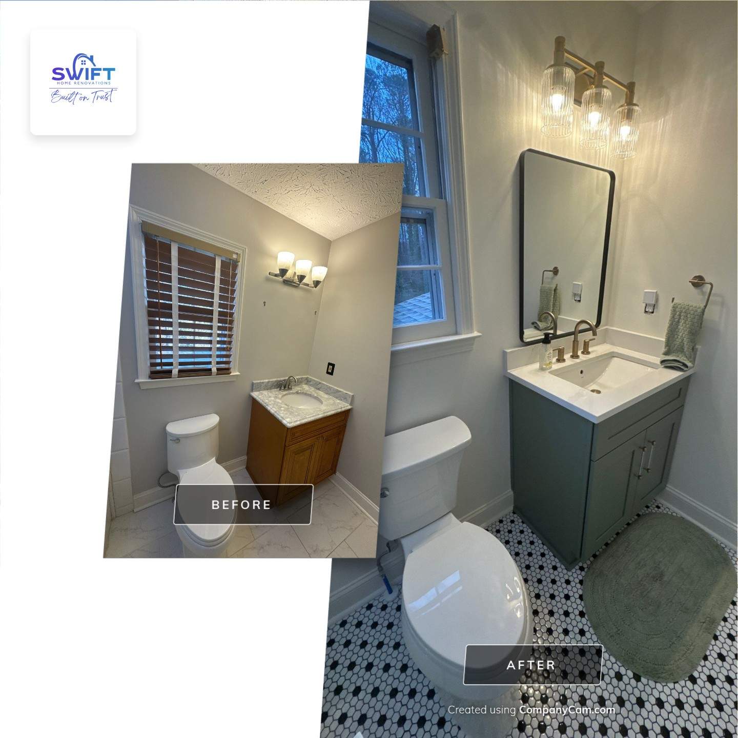Smyrna Bathroom Remodel Featuring Sage Green Vanity and Hexagonal Tile by Swift Home Renovations