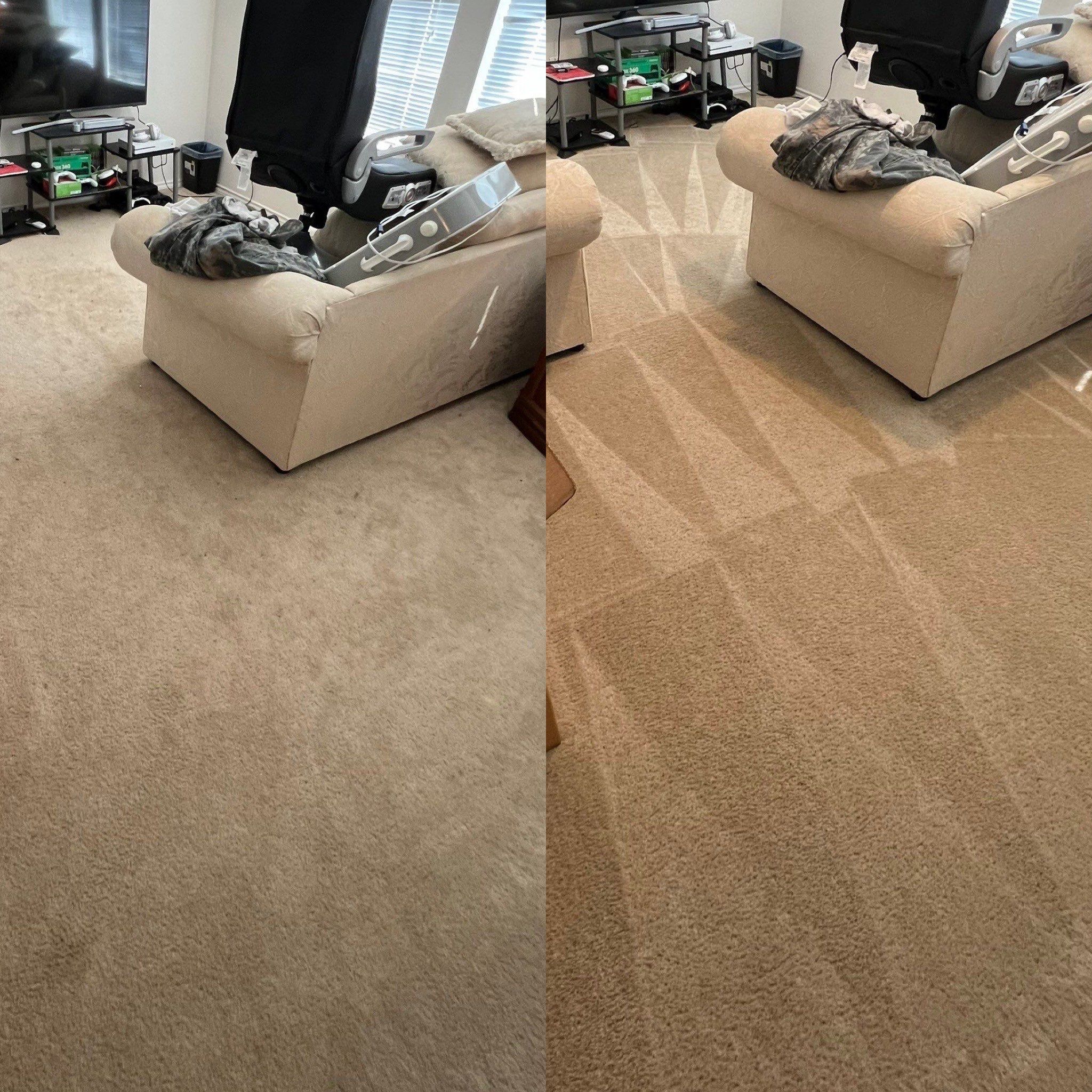 the service being done is carpet cleaning showing a before and after difference in cleanliness and appearance of the carpets