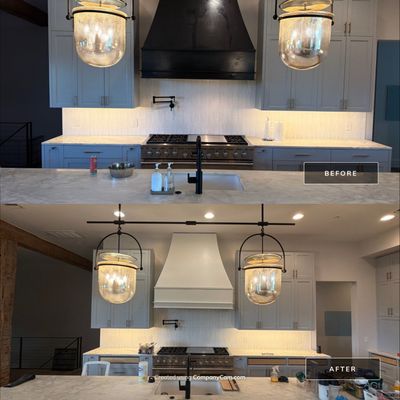 Before and after photo of a kitchen range hood repainted by Hill Country Painting in Austin, TX