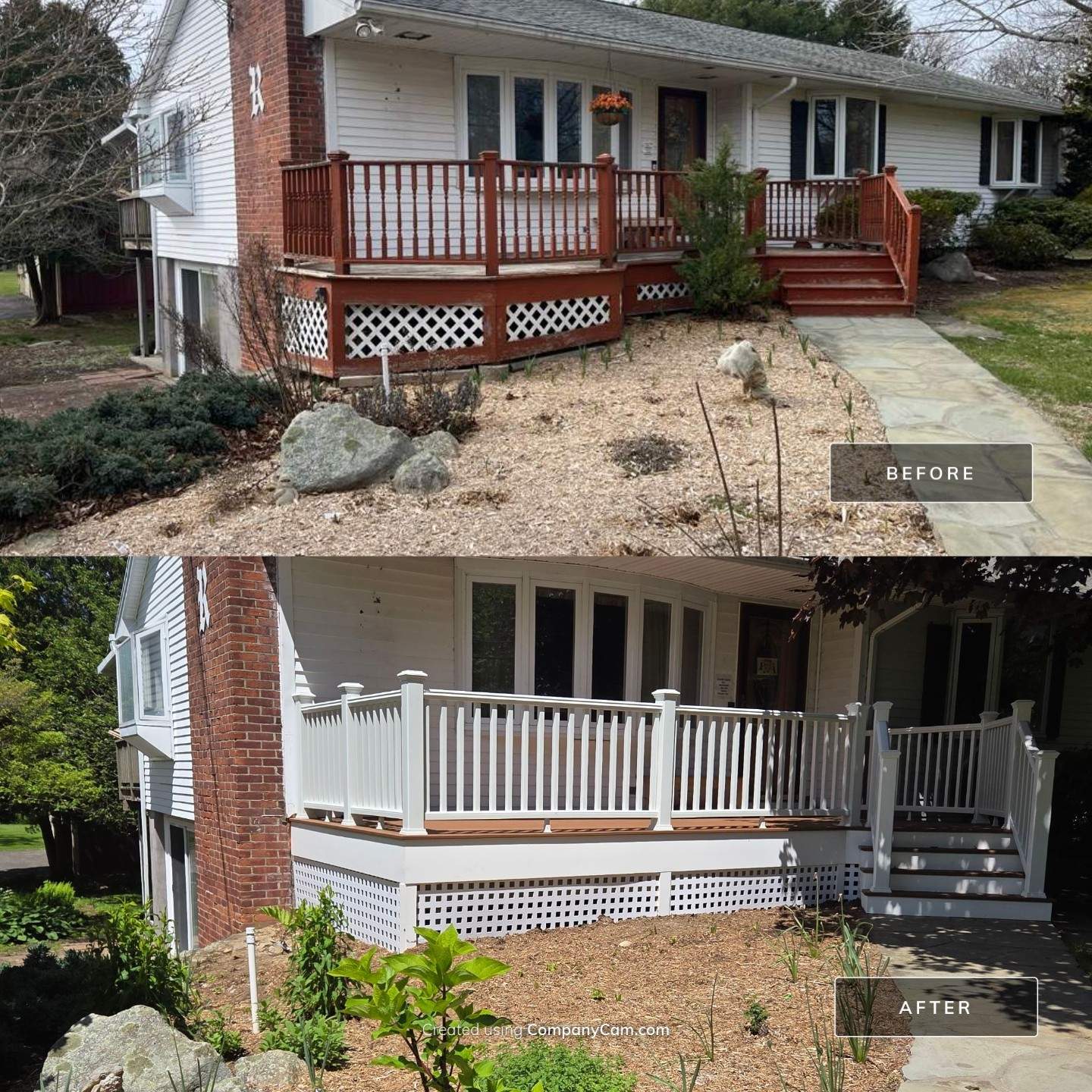 Deck Replacement, Trex Tiki torch boards, with White composite railing and lattice. by DiGiorgi Roofing and Siding Inc