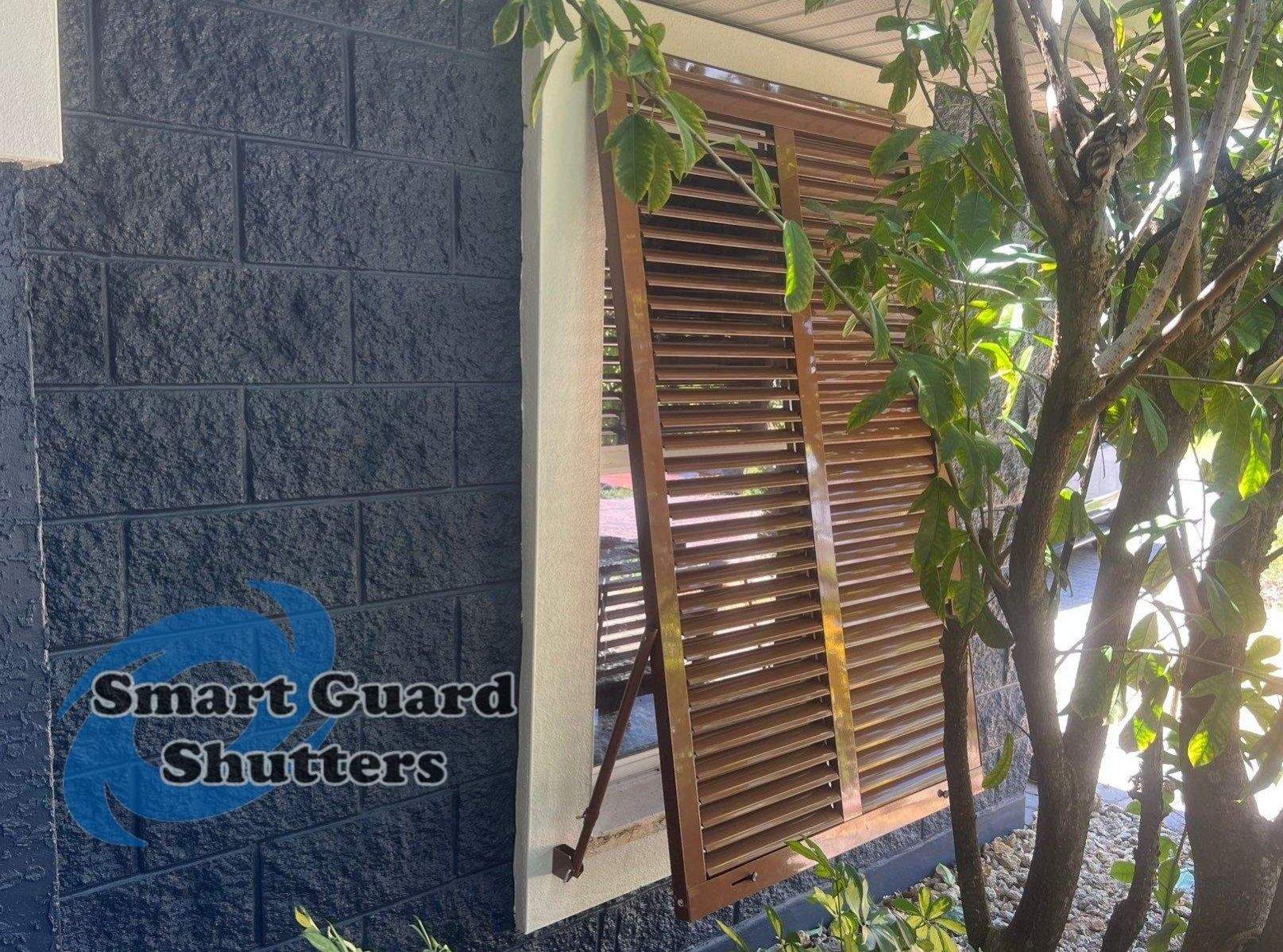 Impact Rated Bahama Shutters in Beige Brown by Smart Guard Shutters