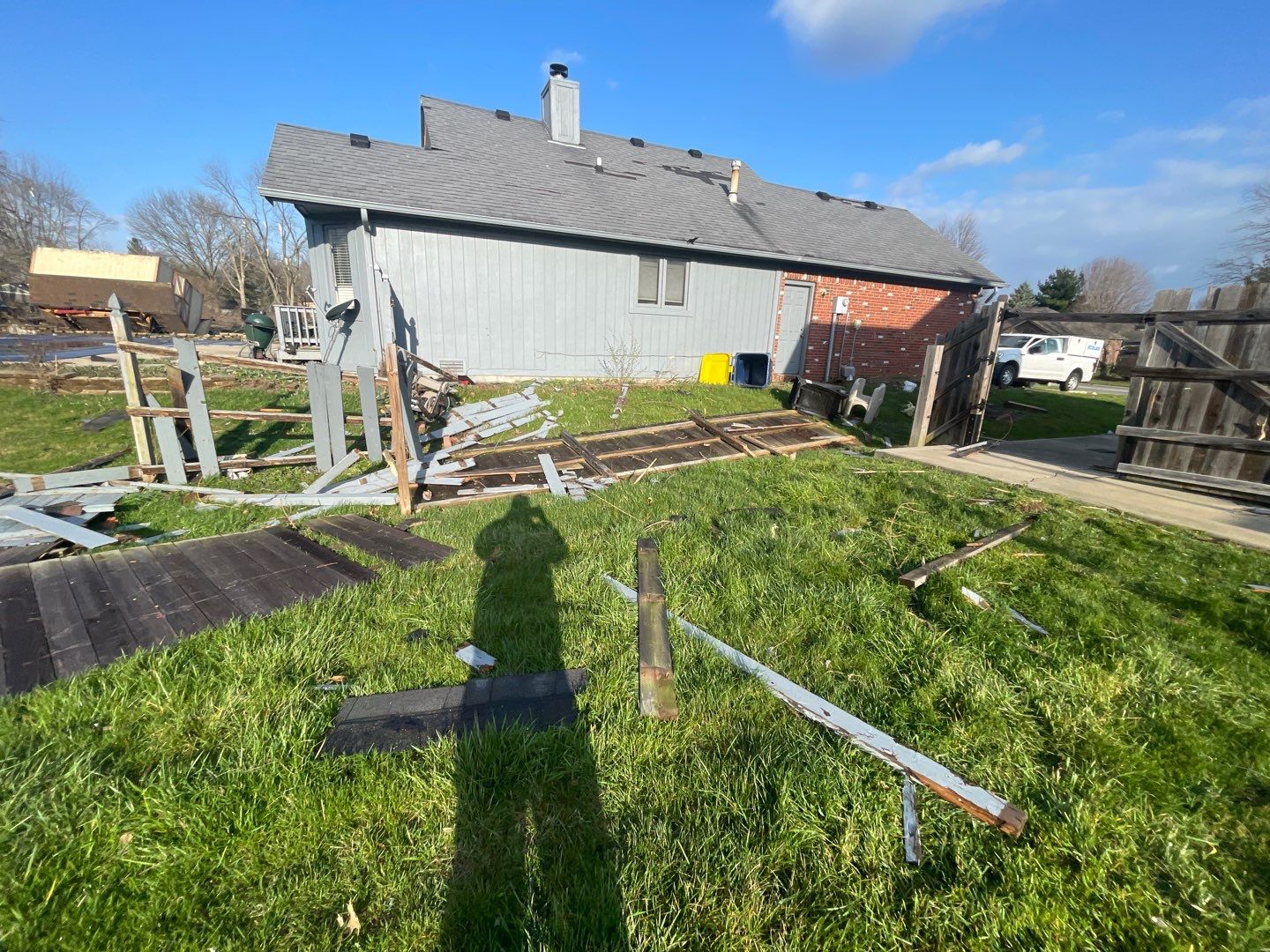 Tornado damage in Whiteland. Roof replacement, James Hardie siding, exterior paint, gutters, windows, doors by 317 Roofing & Restorations