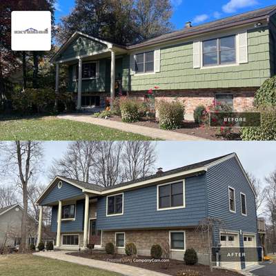 Residential Roofing Installation using Owens Corning Duration Driftwood Siding Installation Using Cedar Impressions Pacific Blue