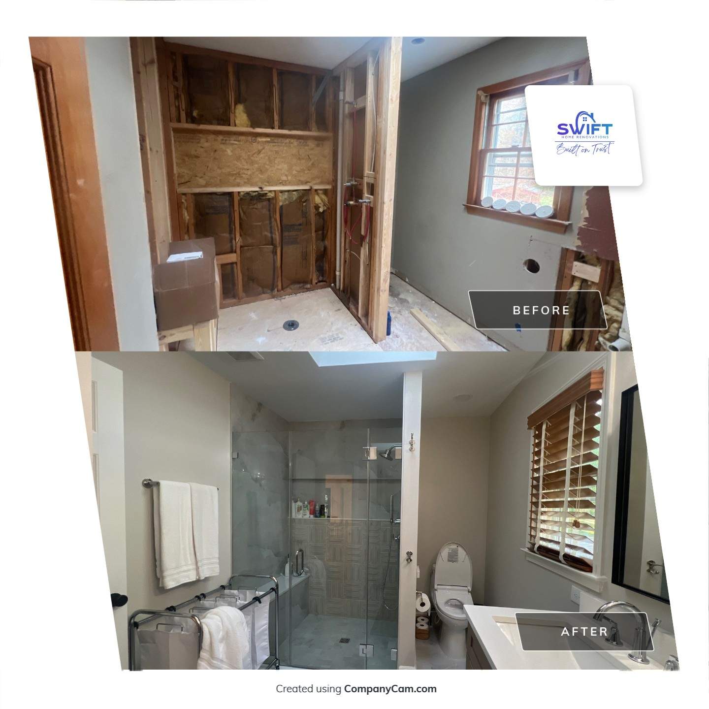 Modern Bathroom Remodeling Featuring Marble Tiles and Custom Cabinetry in Smyrna by Swift Home Renovations