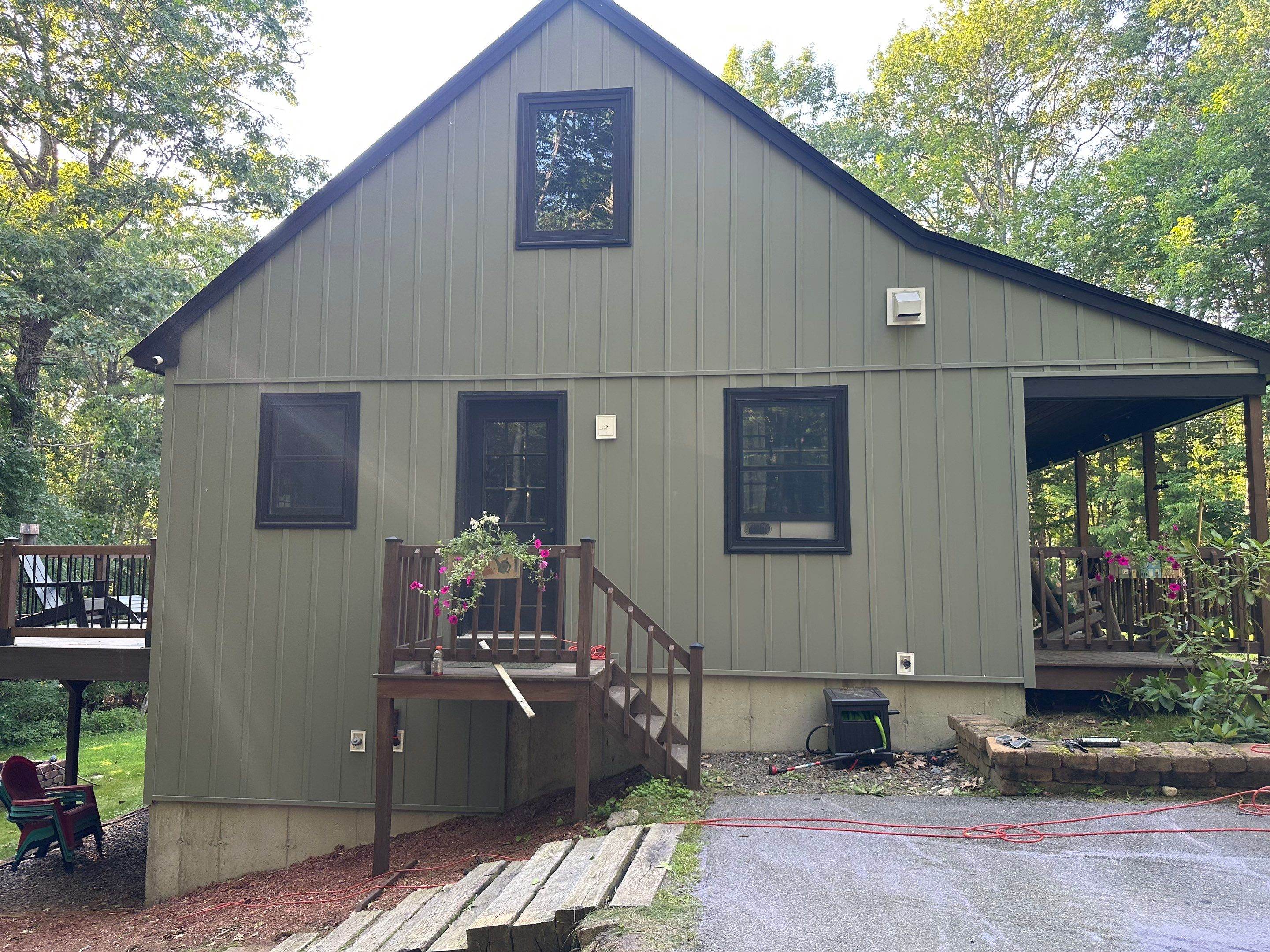 Sage Green Board and Batten Siding and Deck Upgrade in Standish by Tall pine roofing