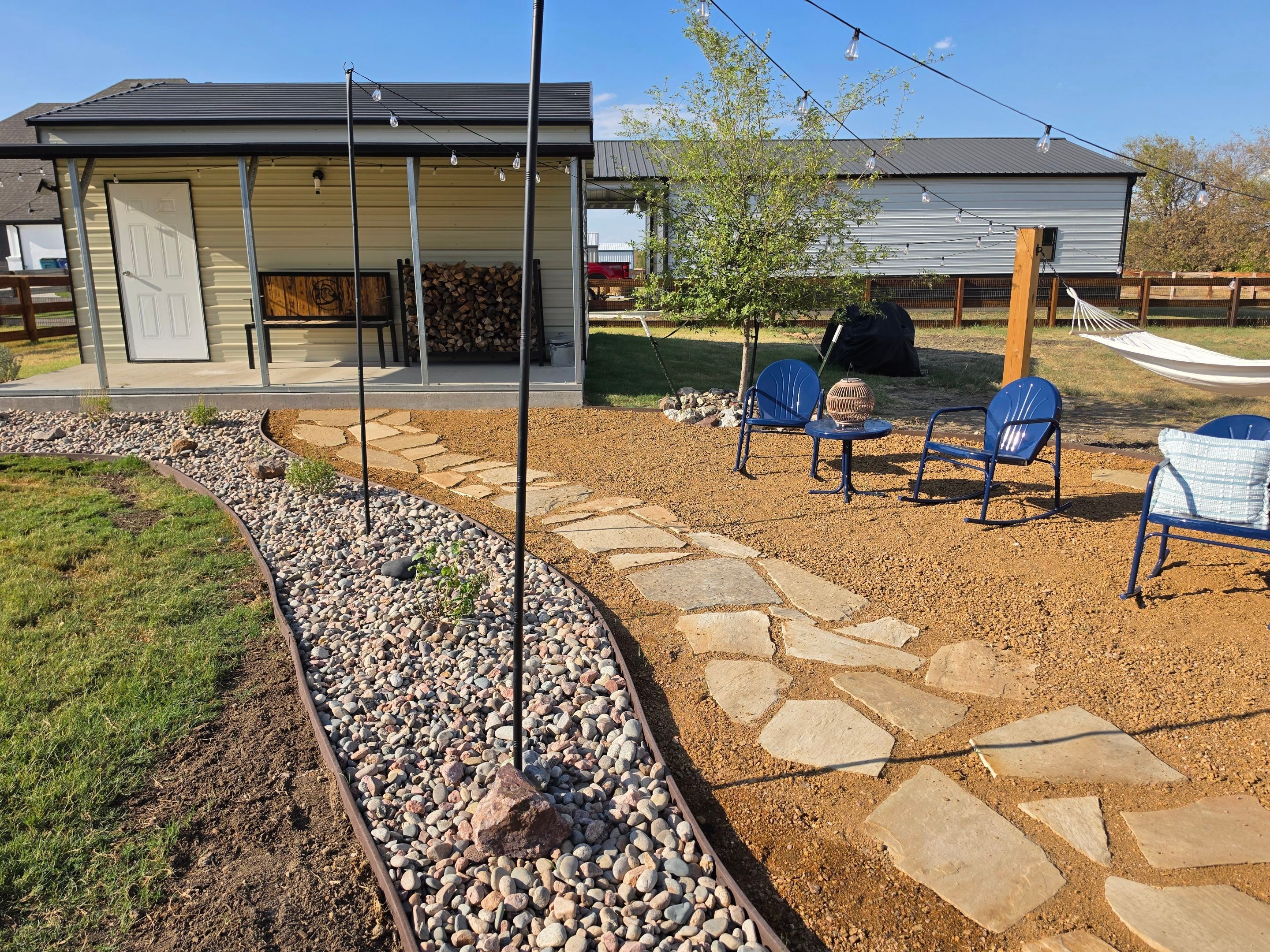 Argyle Residential Landscape Installation with Flagstone Path and Outdoor Seating by Conserva Irrigation NW Dallas