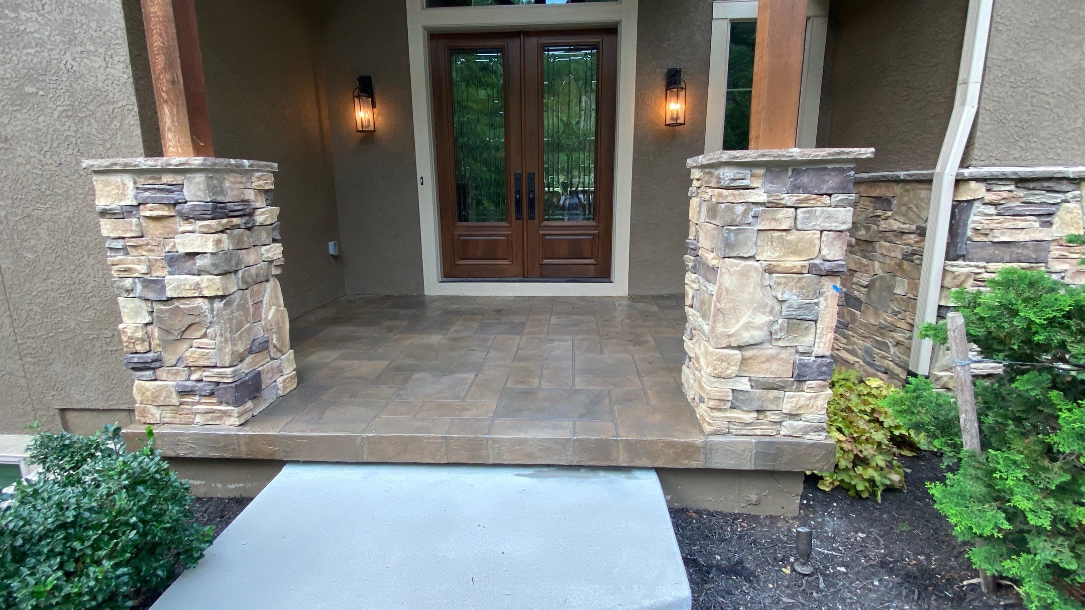 Lenexa, KS -- Front Stoop Before and After Tuscan Overlay by Big Red Decorative Concrete, LLC