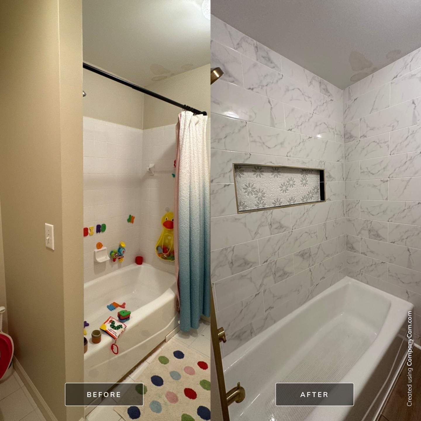 Tub retile, floor, vanities, mirror, and lights by Prudencio