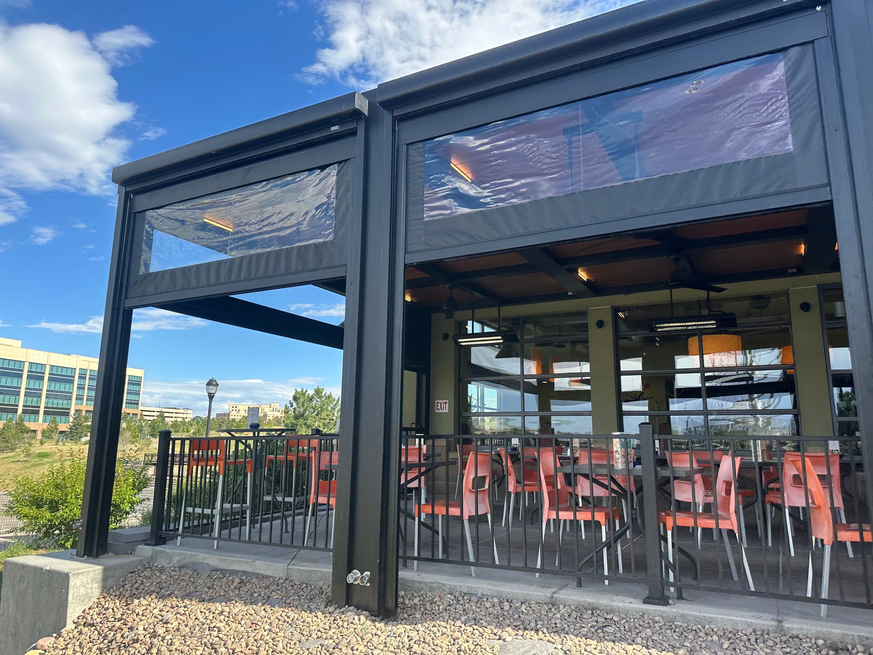 Commercial Azenco Pergola and MagnaTrack Screen Installation in Lone Tree by Outdoor Solutions Colorado