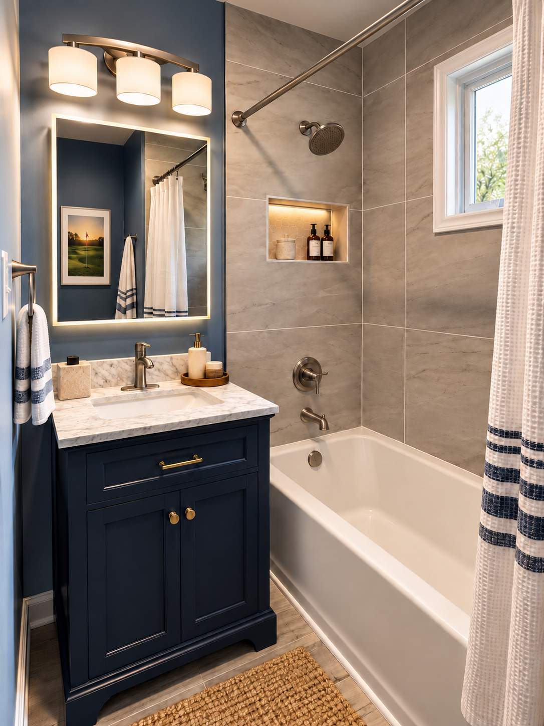 Modern Blue & Gray Bathroom Remodel with Custom Tile Surround by Remodel Now