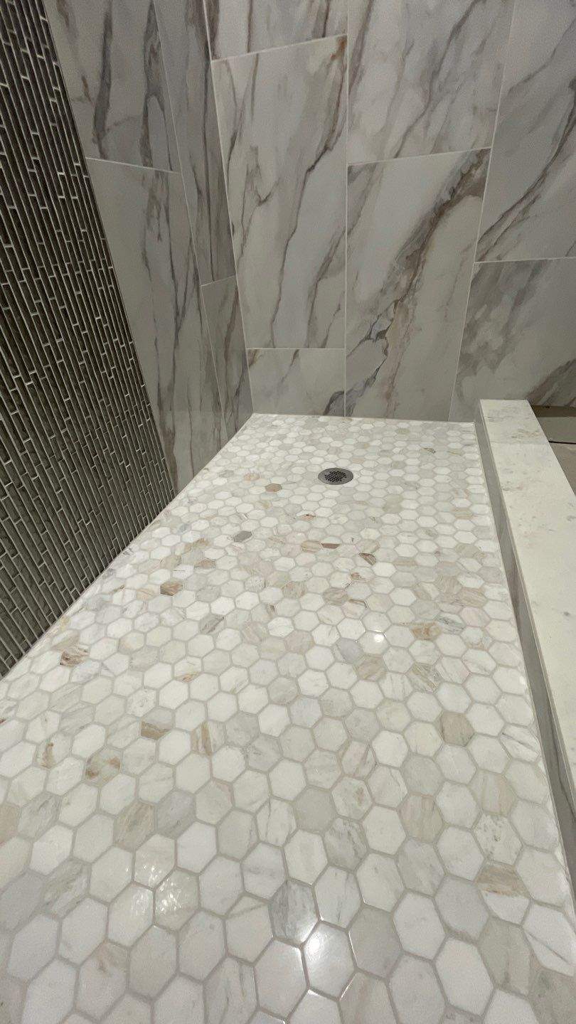 Stunning shower with Rain Glass by Footprints Bath and Tile of East Atlanta