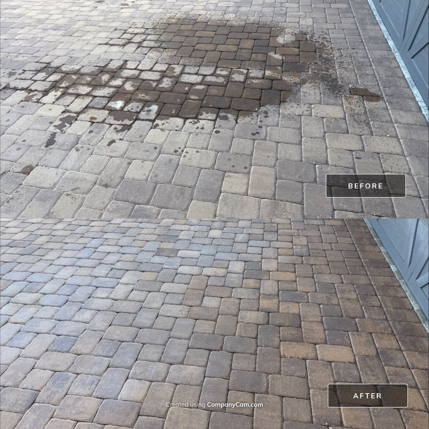 Oil Stain Removal on Paver Driveway | Esplanade at Artisan Lakes, Palmetto FL by Sunshine AquaWash