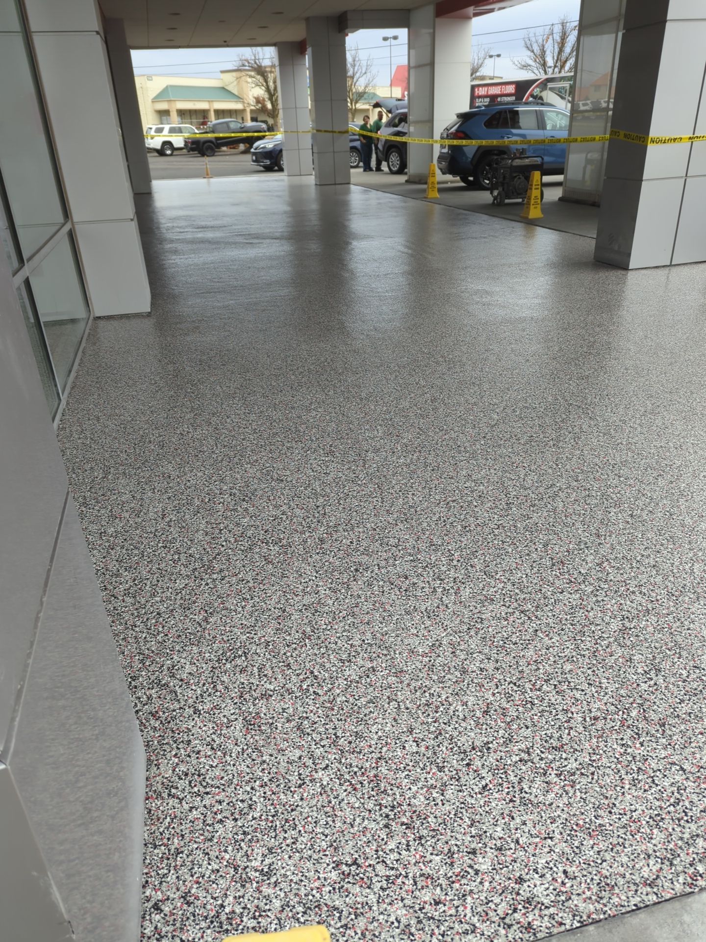 Commercial Floor Transformation using Domino w/ 5% Cherry Bomb Red  by Croc Coatings, LLC