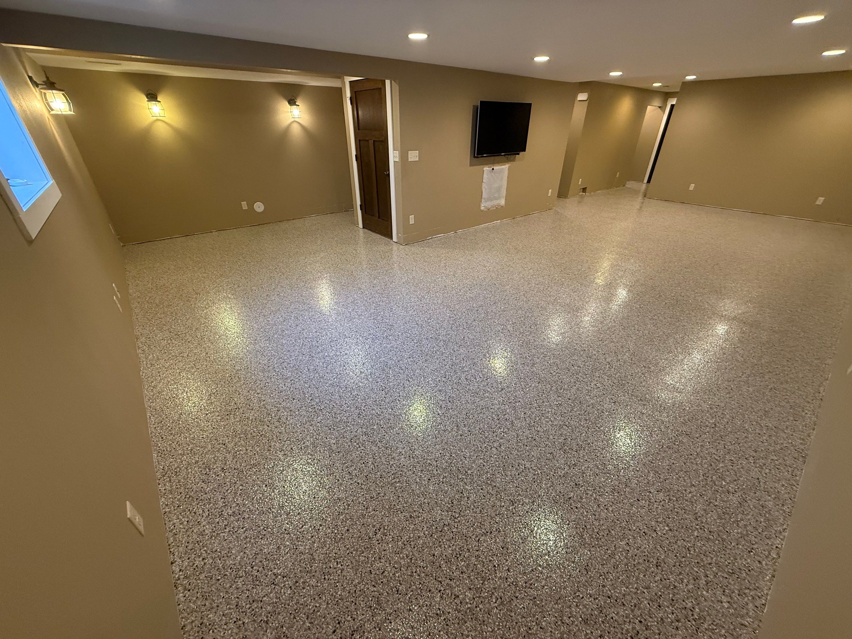 Decorative Flake Concrete Floor Coating for Larchwood Basement by Select Painting, Coatings & Garage Cabinets