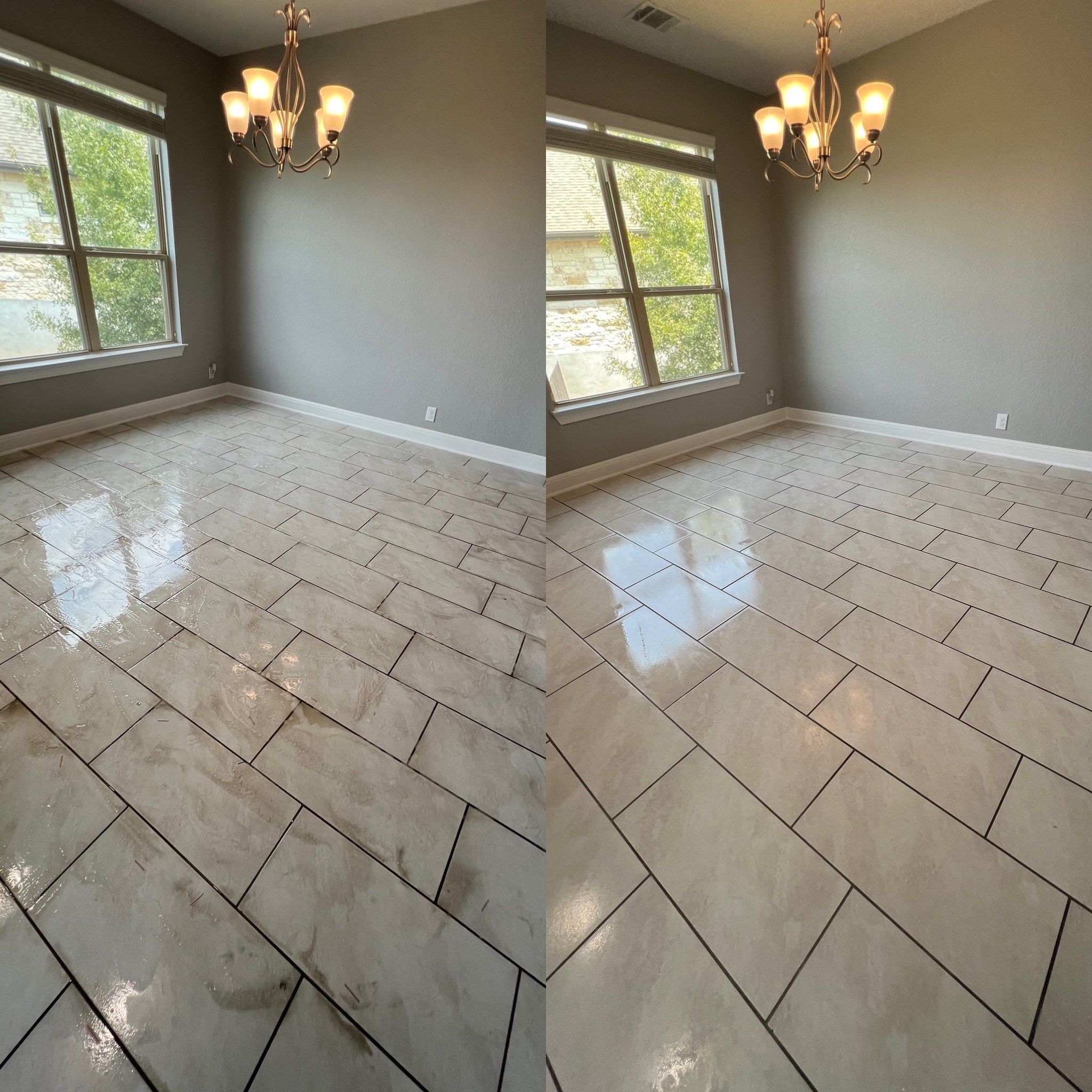 the service shown is thorough cleaning of tile floors removing dirt and restoring shine to surfaces in the room