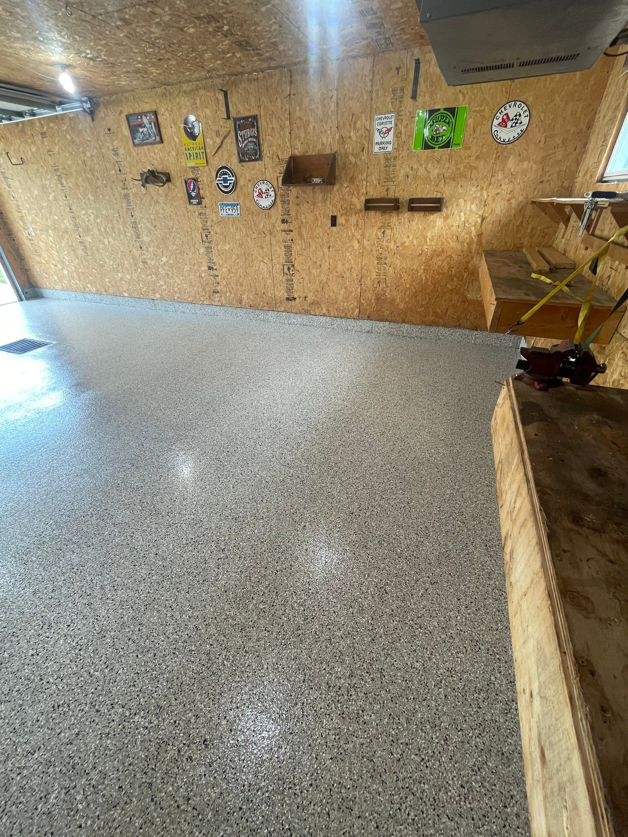 Speckled Epoxy Flake Concrete Coating for Worthington Garage Floor by Select Painting, Coatings & Garage Cabinets