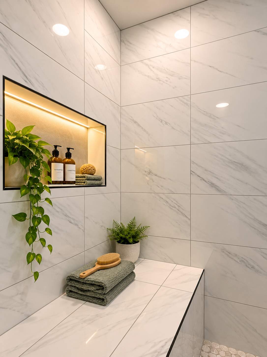 Luxury Walk-In Shower Remodel with Marble Tile & Matte Black Fixtures