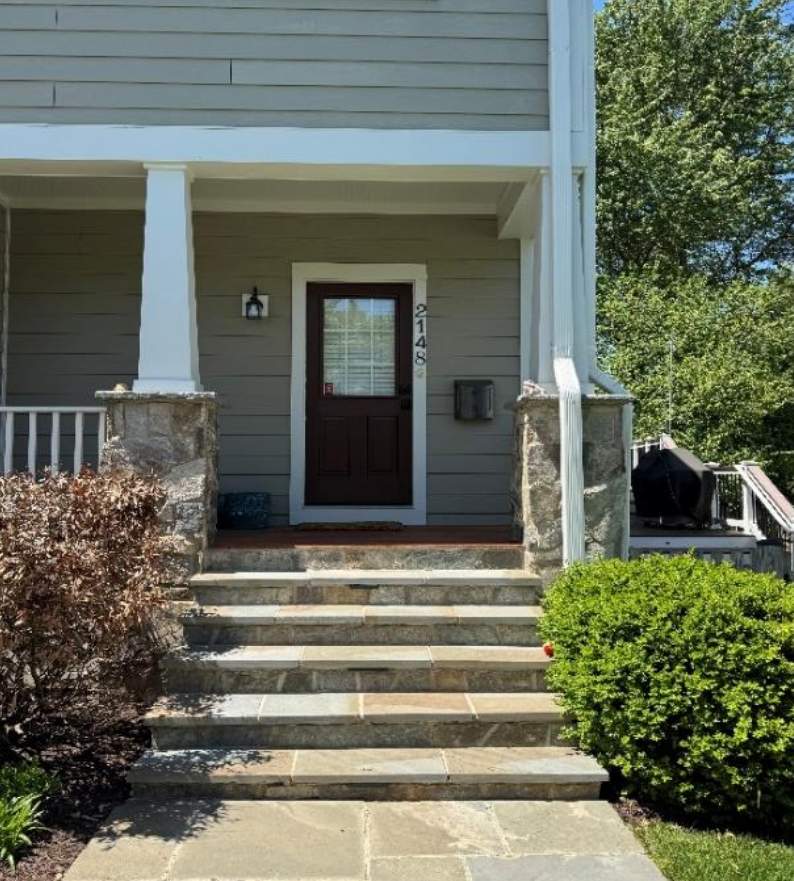 Custom Stone Porch Steps with Modern Cable Railing in Falls Church by Capitol Iron Works