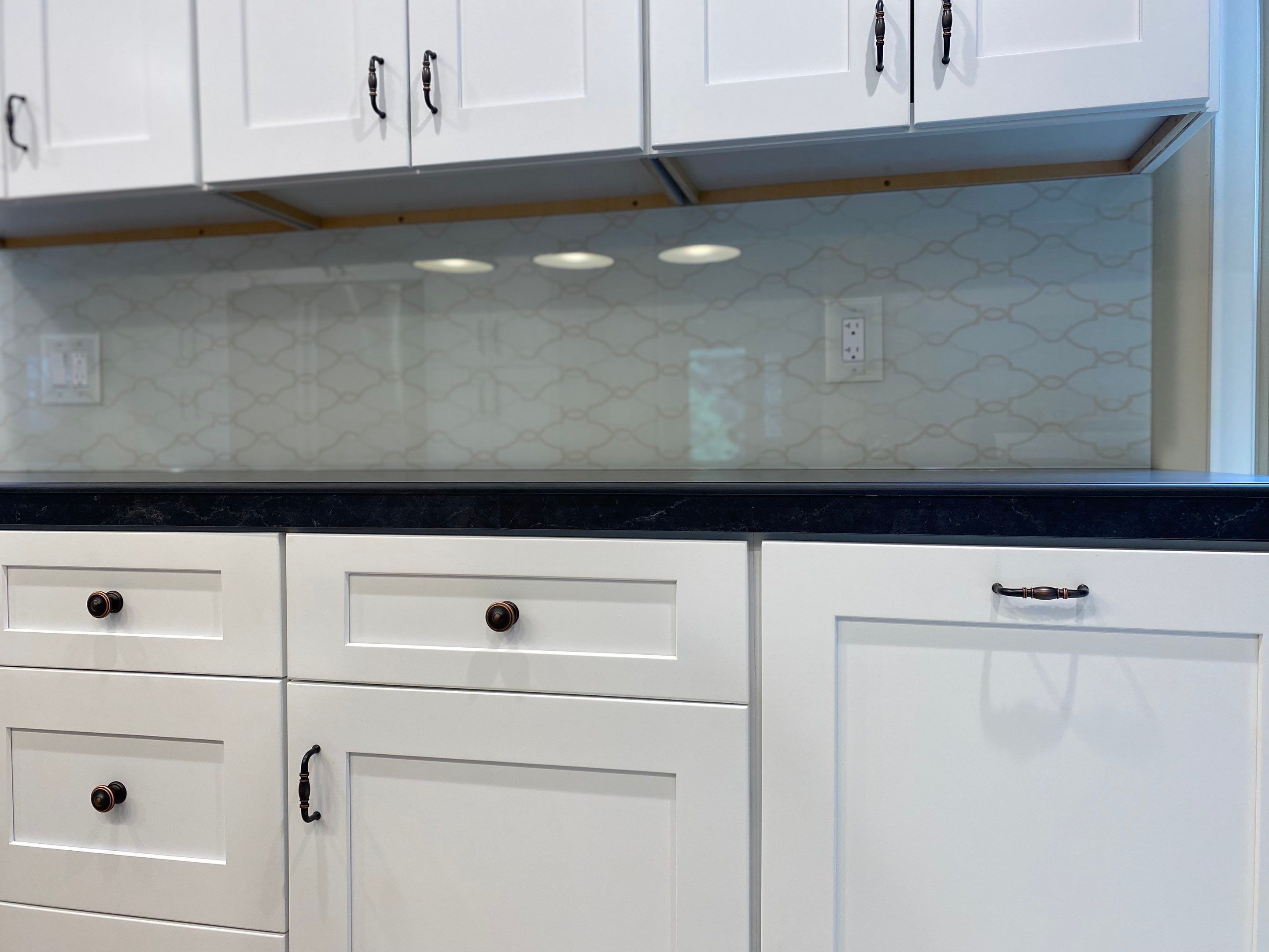 Kitchen Remodel using IMAGIO Arabesque Drops Solid Glass Backsplash by IMAGIO