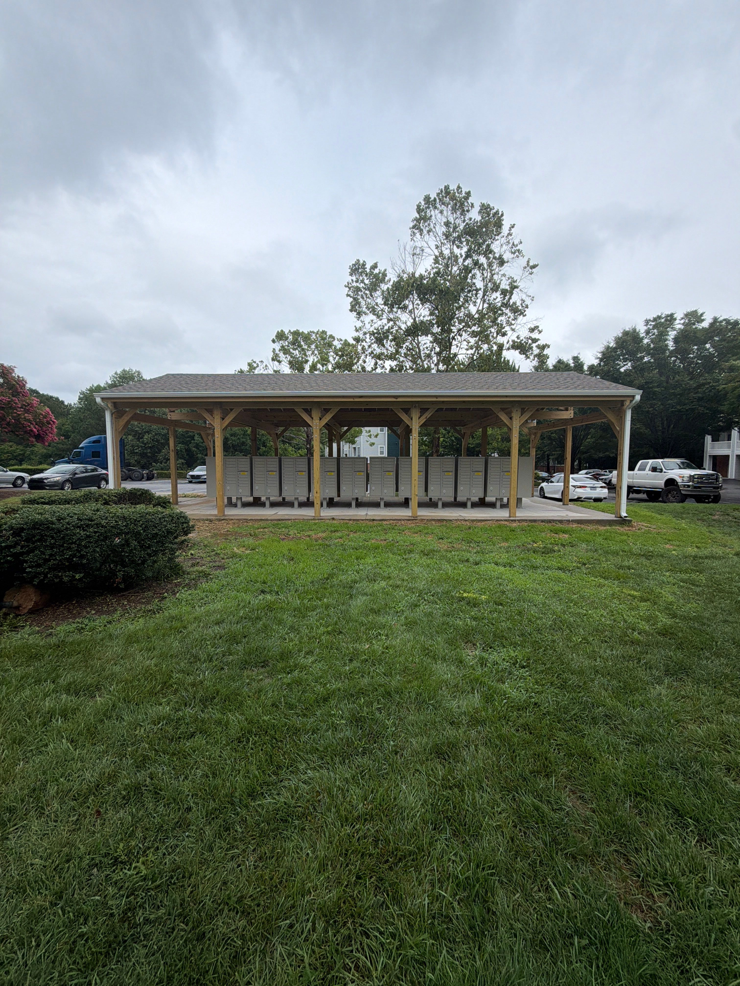 Custom Timber Frame Pavilion for Cluster Mailbox Units in Raleigh by Billy Weatherspoon Contractor