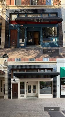 Before and after photo of a historic storefront facade repainted by Hill Country Painting in downtown Austin, TX