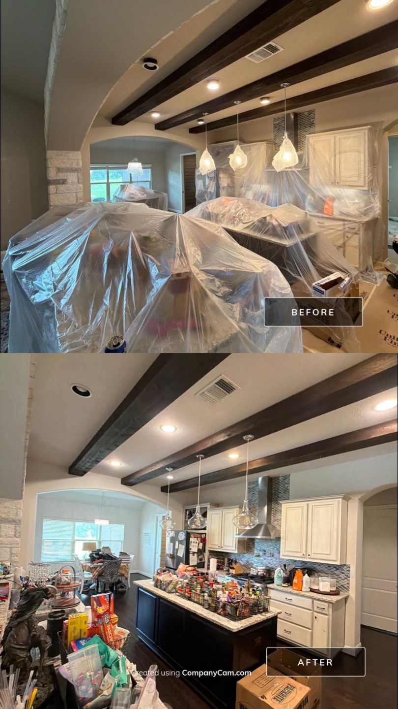 Before and after photo of a kitchen repainted by Hill Country Painting in Driftwood, TX