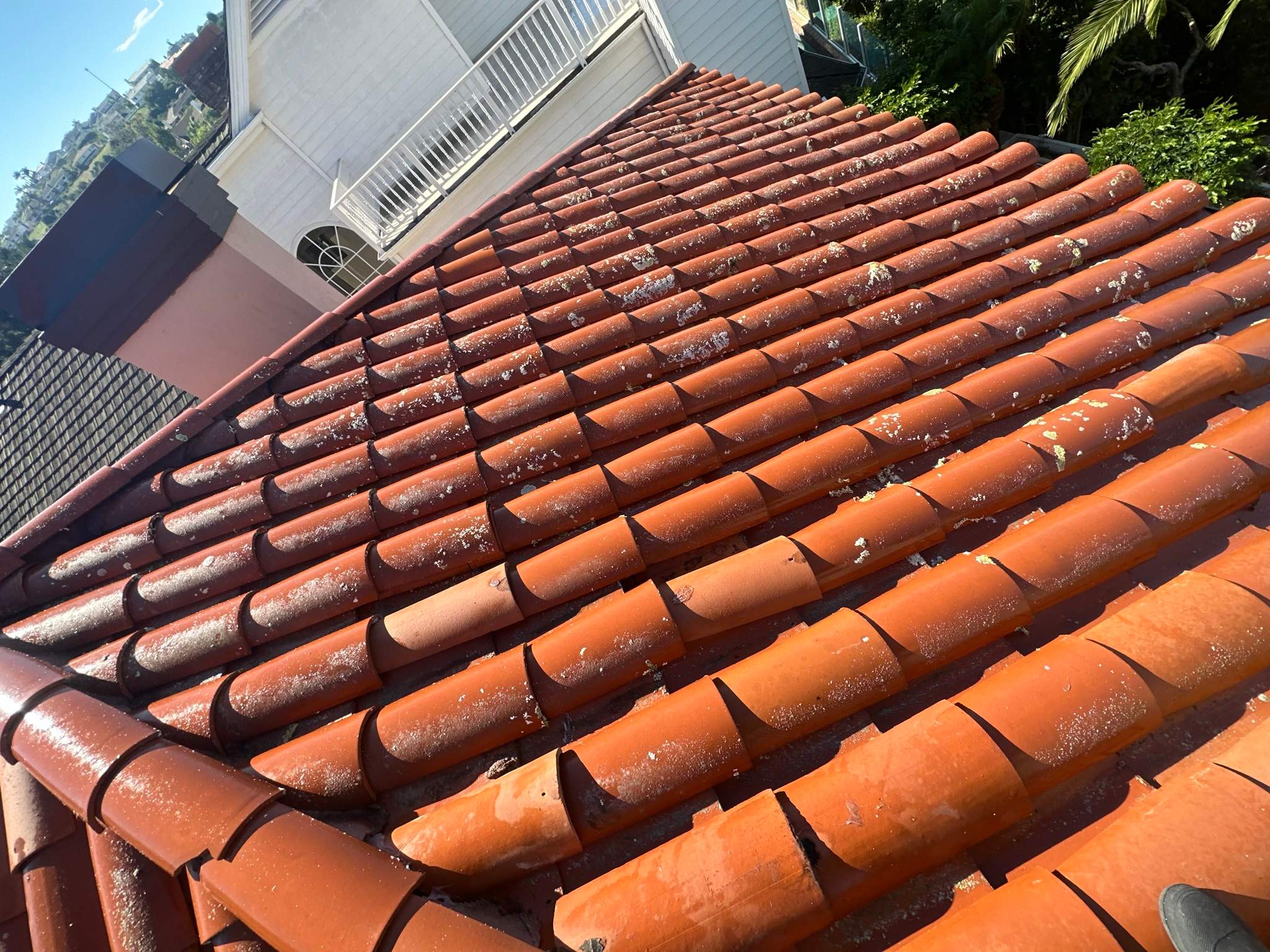 Orange County Clay Tile Roof Soft Wash on Unwalkwable Roof by Property Cleaning Experts