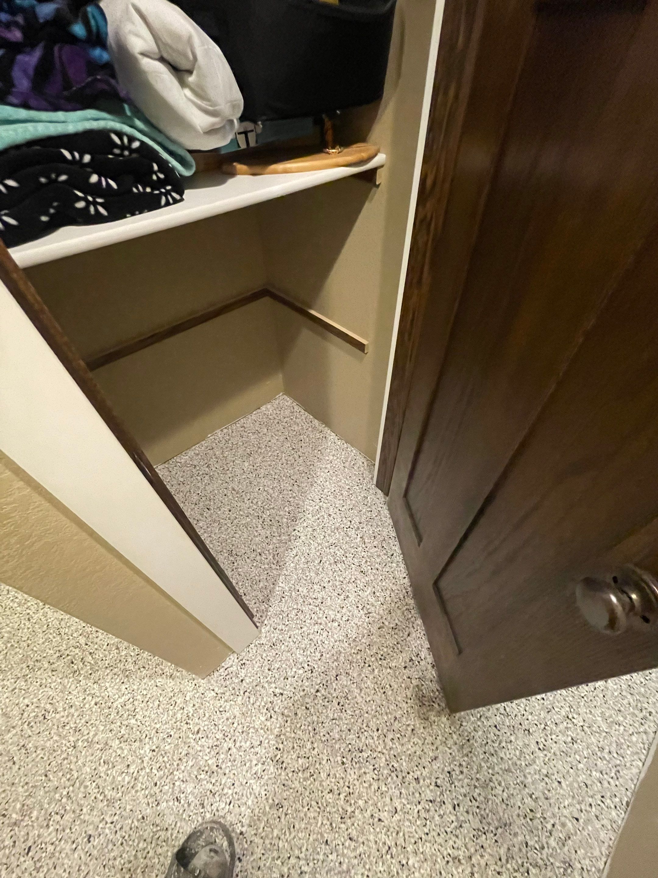Decorative Flake Concrete Floor Coating for Larchwood Basement by Select Painting, Coatings & Garage Cabinets
