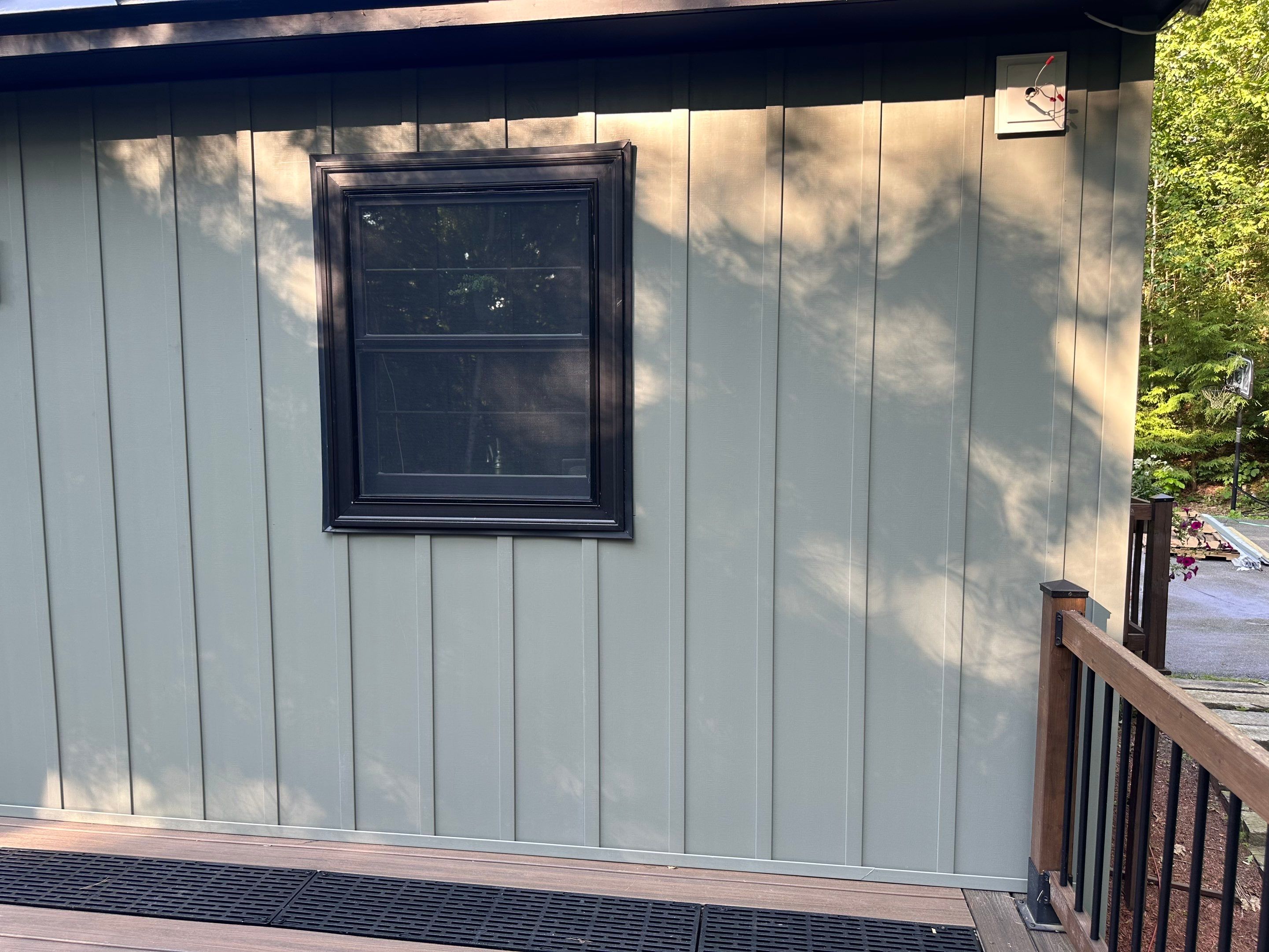 Sage Green Board and Batten Siding and Deck Upgrade in Standish by Tall pine roofing
