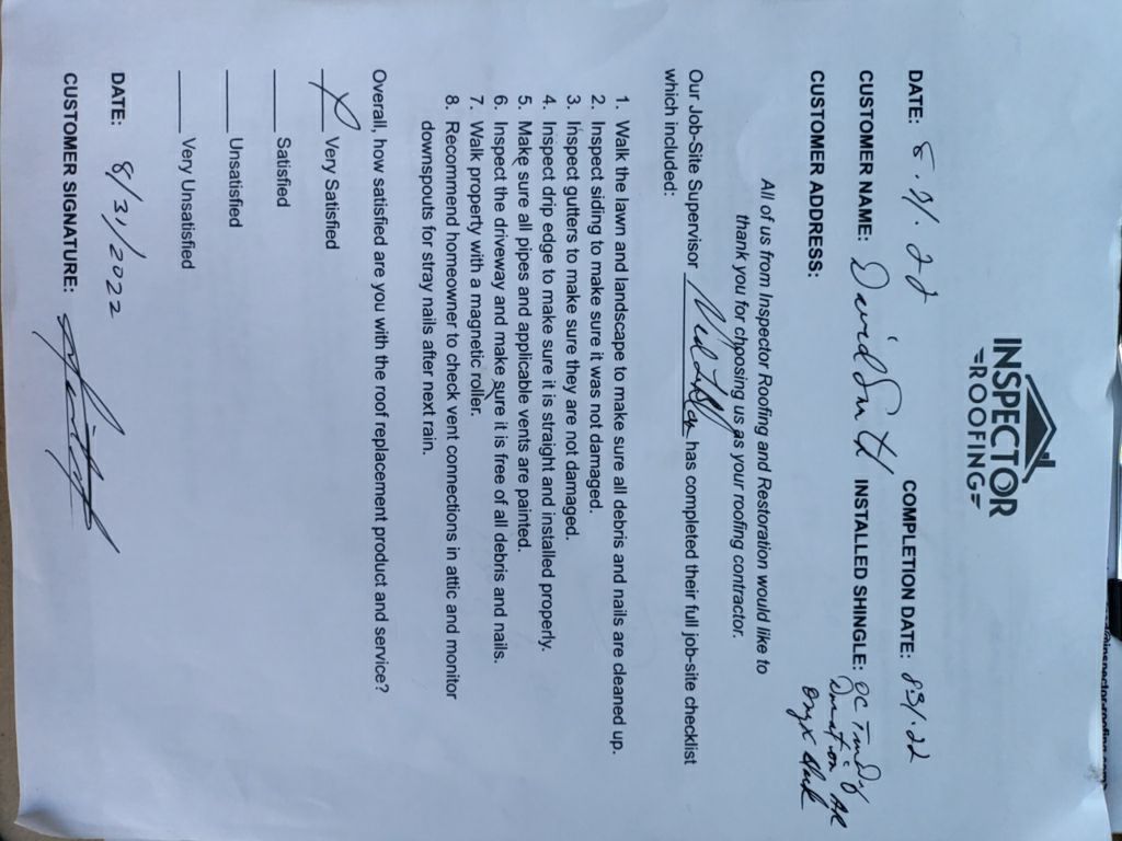 Residential Roofing Installation using Owens Corning by Inspector Roofing and Restoration