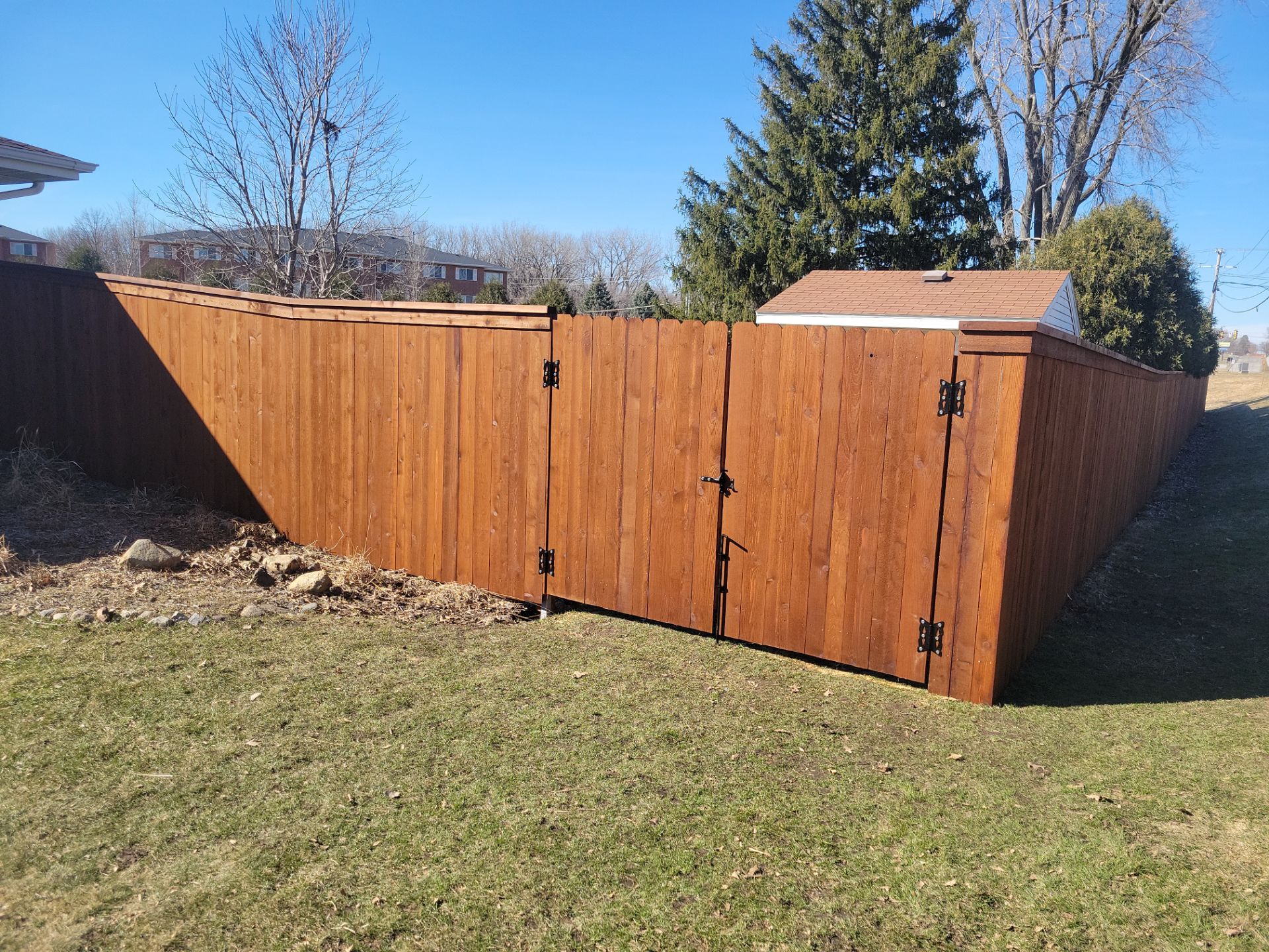 Custom Cedar Wood Privacy Fence with Double Gates and Integrated Planter Mailbox by Perfect Picket Fence and Stain