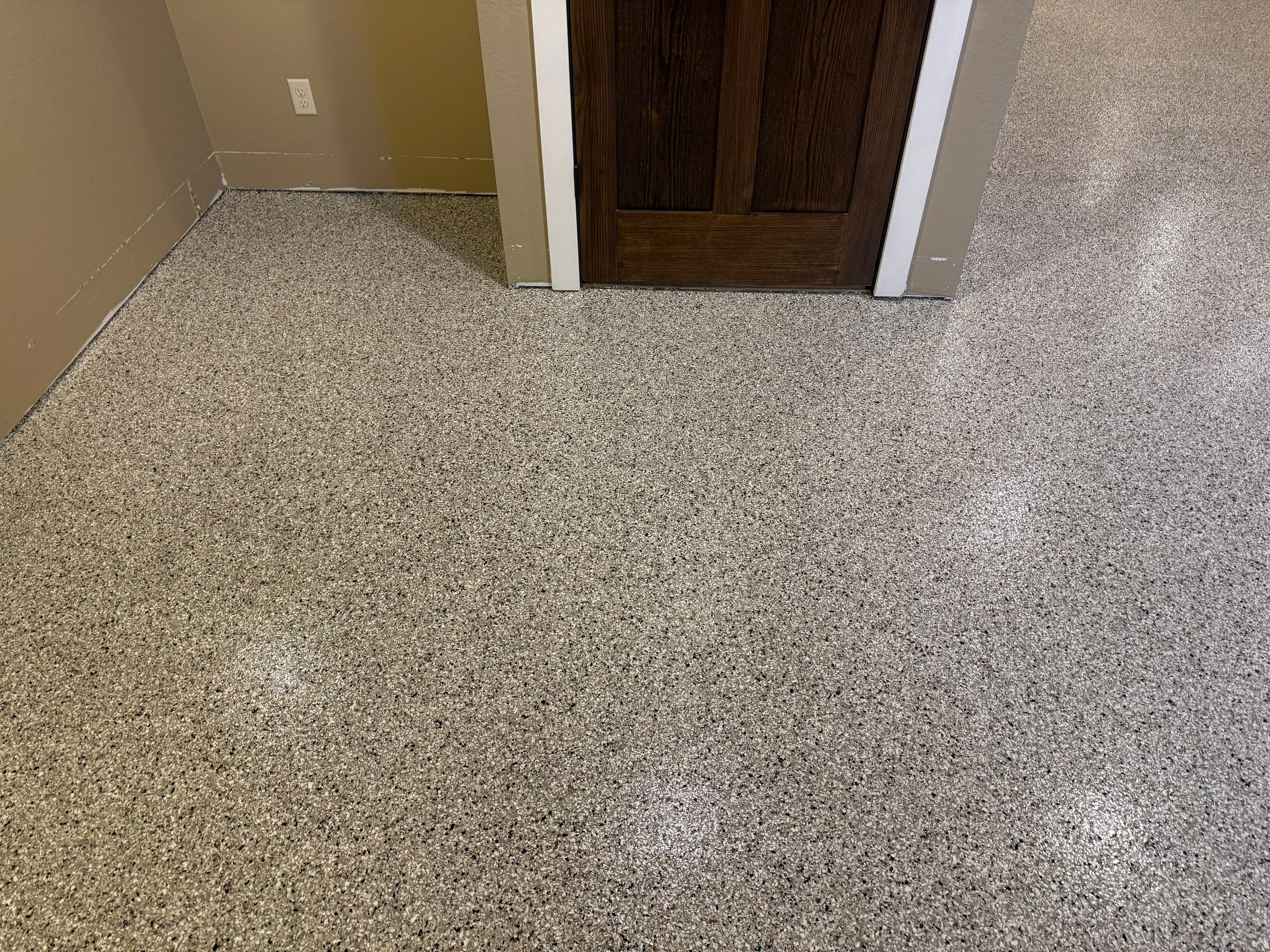 Decorative Flake Concrete Floor Coating for Larchwood Basement by Select Painting, Coatings & Garage Cabinets