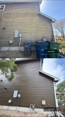 Before and after photo of exterior siding repainted by Hill Country Painting in Austin, TX