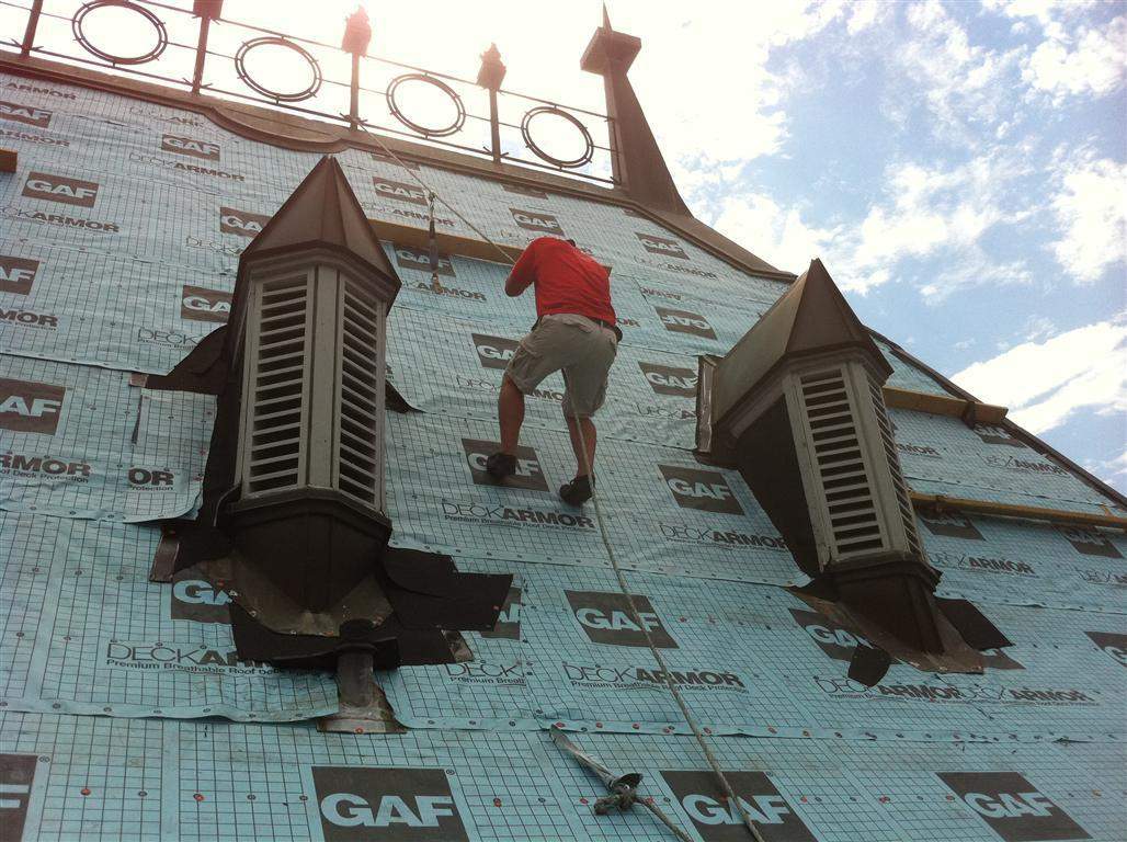 Historic Building ROOF REPLACEMNT with GAF TruSlate  on steep slop and Versico 60mil TPO on flat roof by Gorilla Exteriors Contracting, LLC