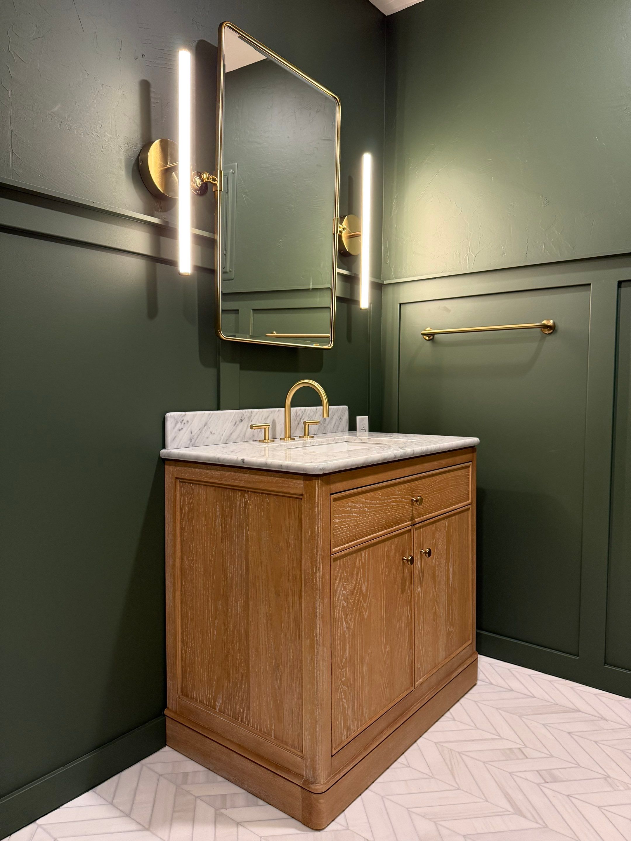 Modern Kitchen and Bathroom Transformation With Herringbone Tile in Lafayette by Hexagon Construction 