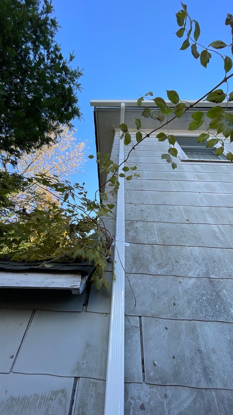 Full House Installation 5" white seamless gutters 2x3 leaders using 5"white K style seamless gutters and 2x3 white leaders by Above All Gutters 