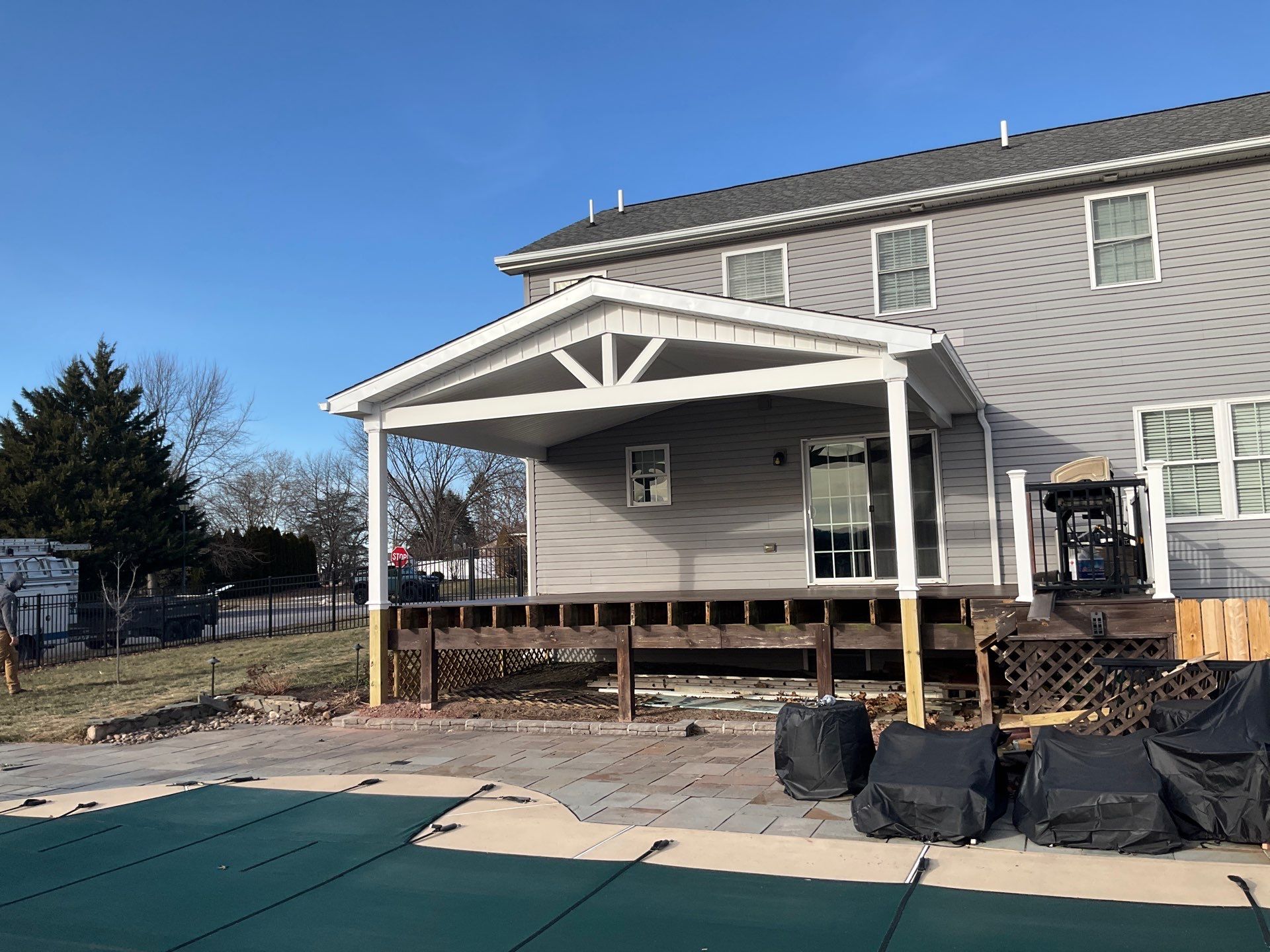 Custom Gable Porch Roof Addition Over Existing Deck in Halifax by Esh Builders