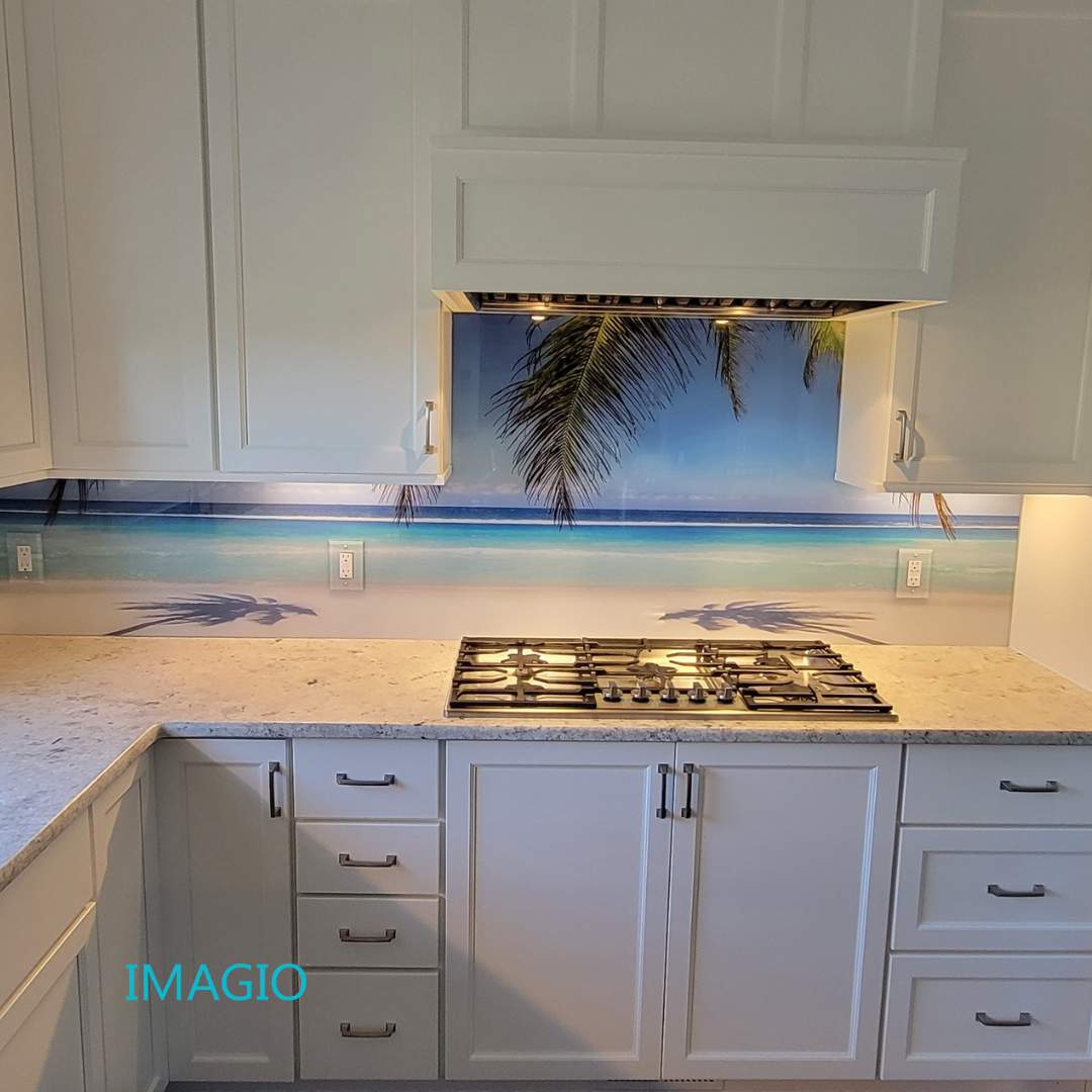 Kitchen Remodel using IMAGIO Mountains & Tropics Solid Glass Backsplash by IMAGIO