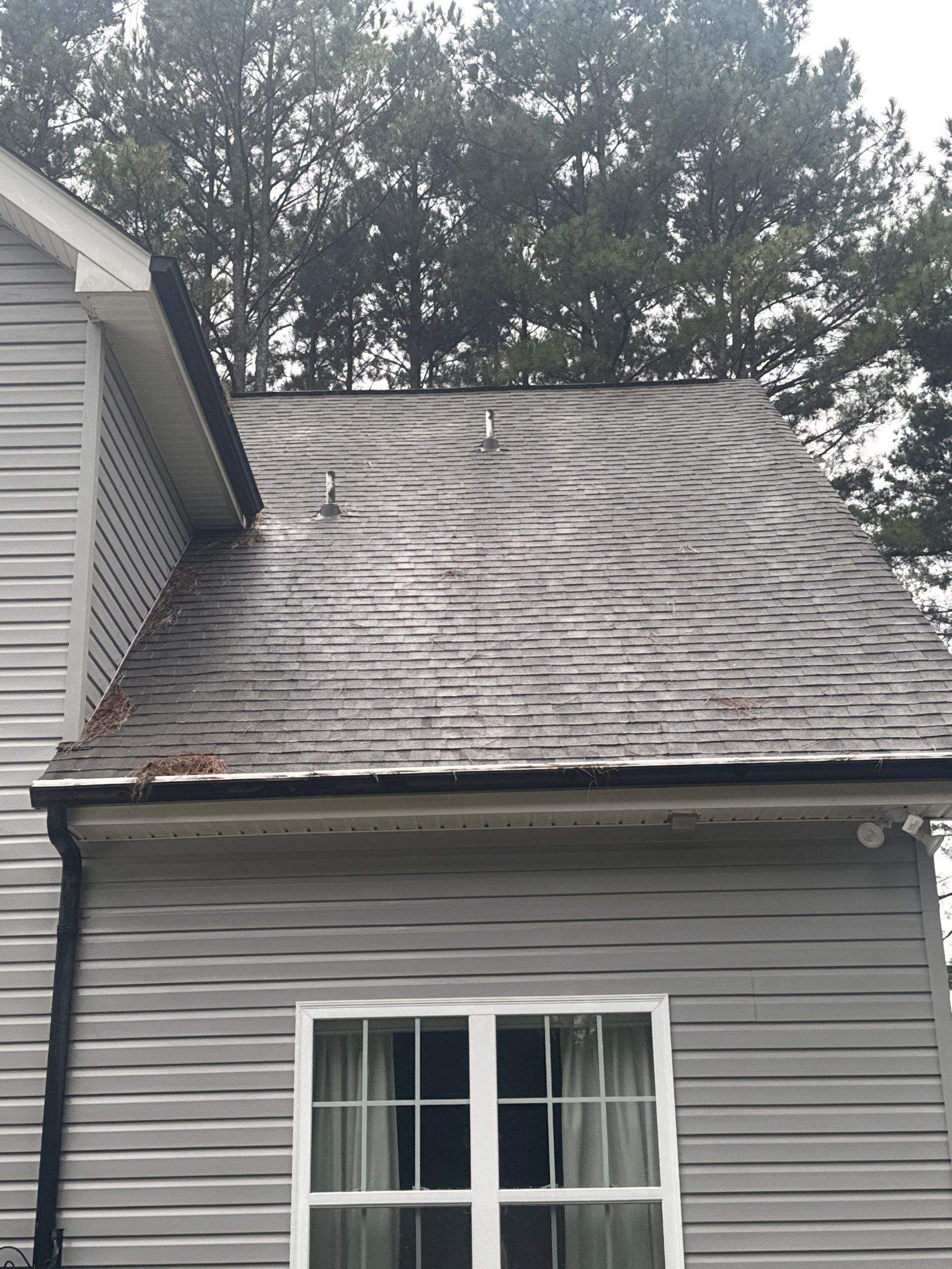 the service shown is roof cleaning removing debris and stains from shingles to improve appearance and extend lifespan