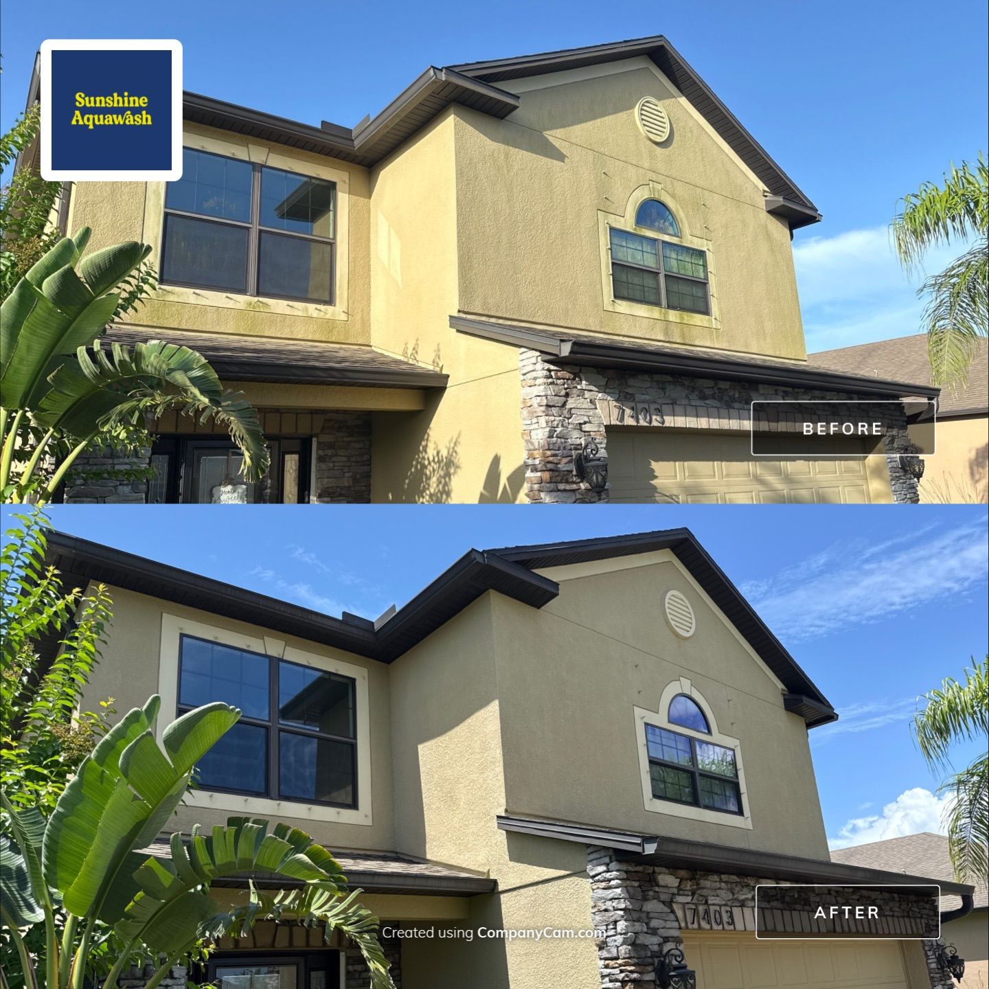 2-Story Stucco House Wash & Tan Vinyl Fence Cleaning | Sheffield Glen Palmetto, FL by Sunshine AquaWash
