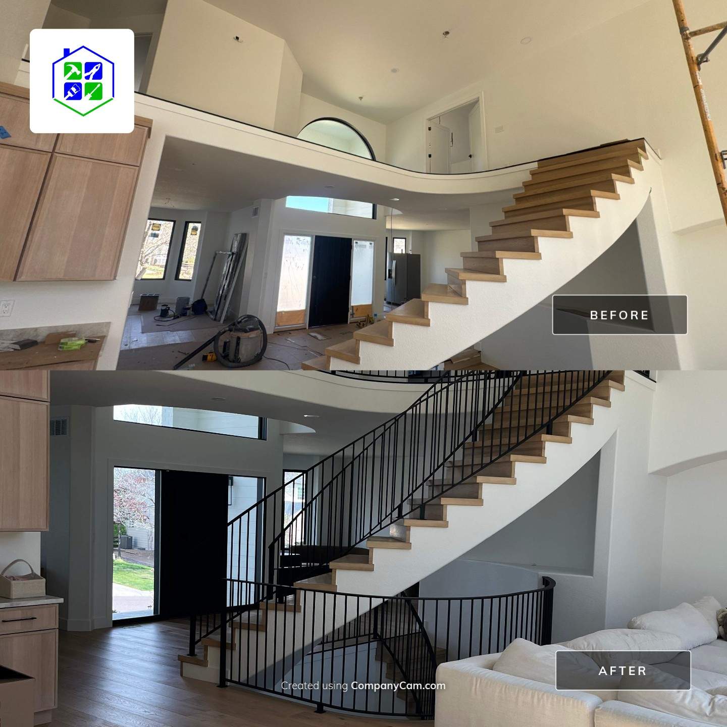 Curved Oak Staircase and Custom Metal Railing Installation in Lone Tree by LP Construction Services