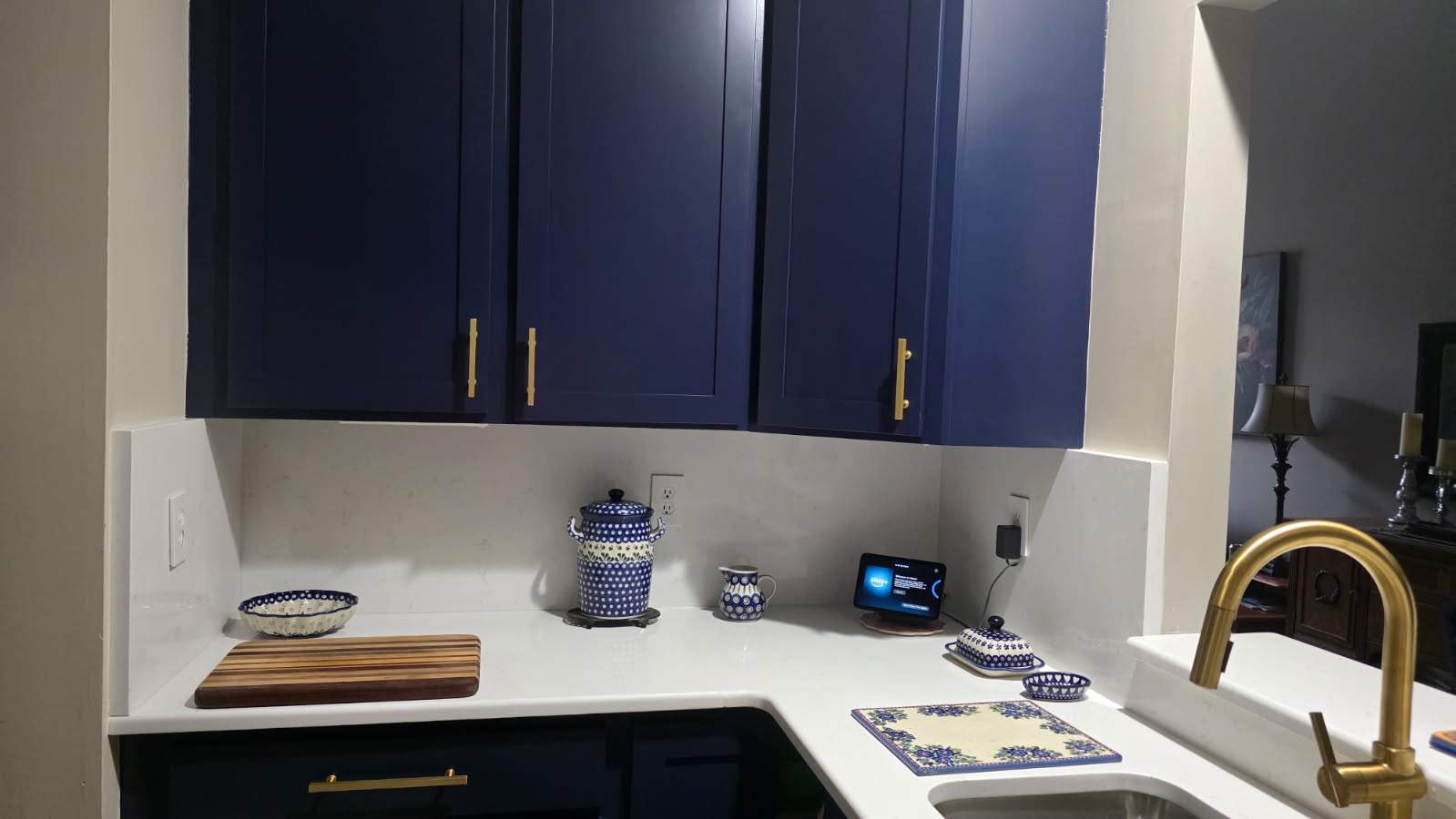 Modern Navy Blue Cabinet Refacing with Quartz countertop replacement in Harrison Township by Top Shelf Painter