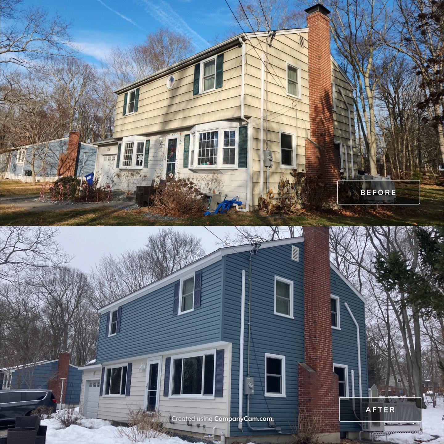 Siding Transformation with Certaplank S/7 insulated Herringbone, and Cert Monogram D/5x12' Dutchlap Wedgewood Blue by DiGiorgi Roofing and Siding Inc