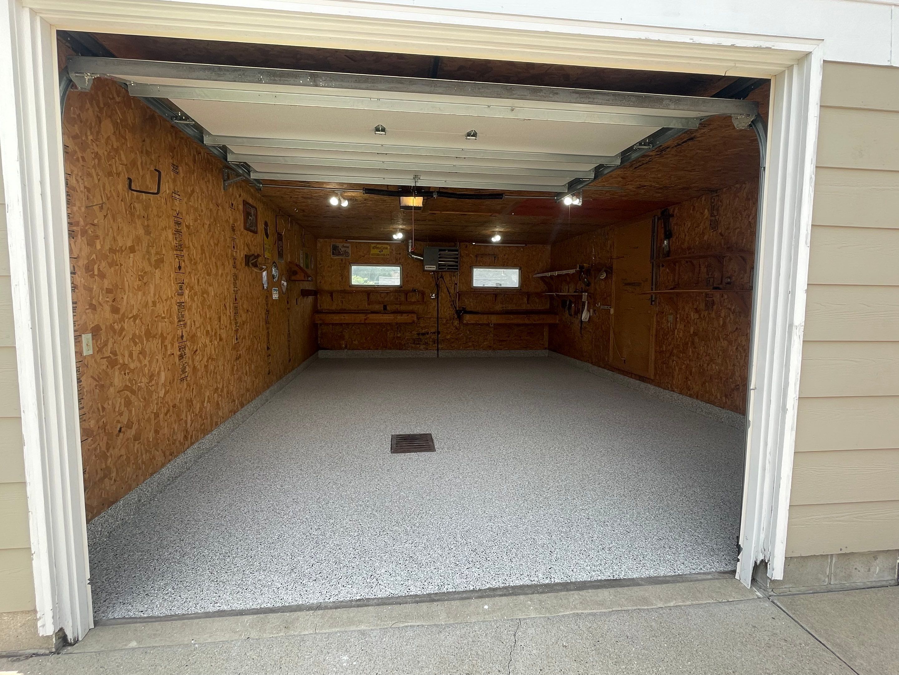 Speckled Epoxy Flake Concrete Coating for Worthington Garage Floor by Select Painting, Coatings & Garage Cabinets