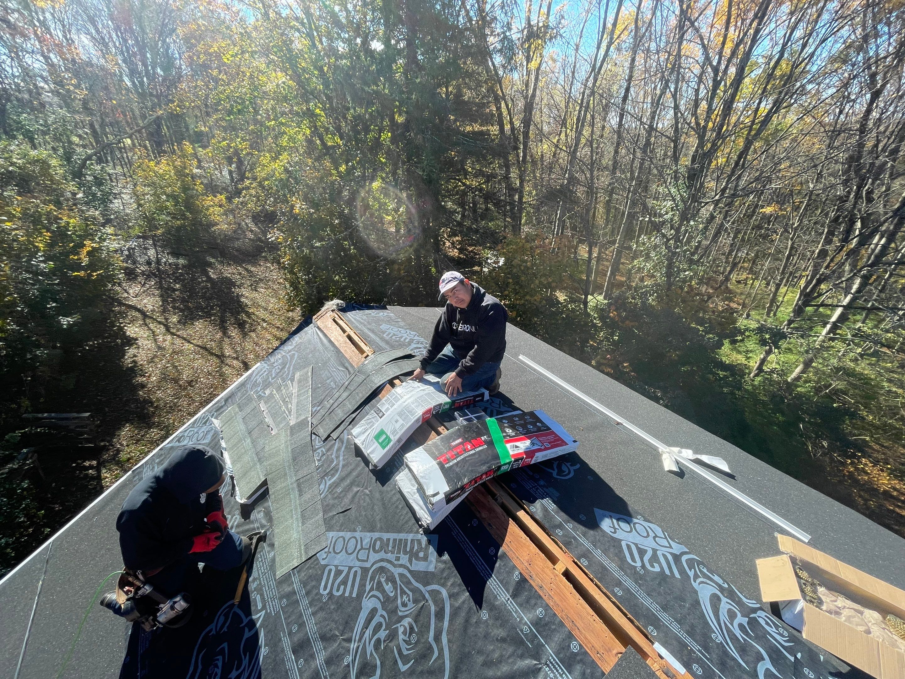 Residential Roofing Installation using Owens Corning TruDefinition Duration AR - Estate Gray & White Double 4 Siding by A Plus Exterior