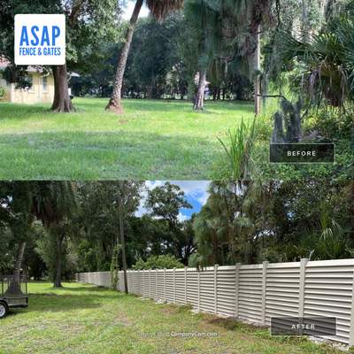 Sarasota, FL. Vinyl Fence Installation using Tan Vinyl Louvered Vinyl Fence