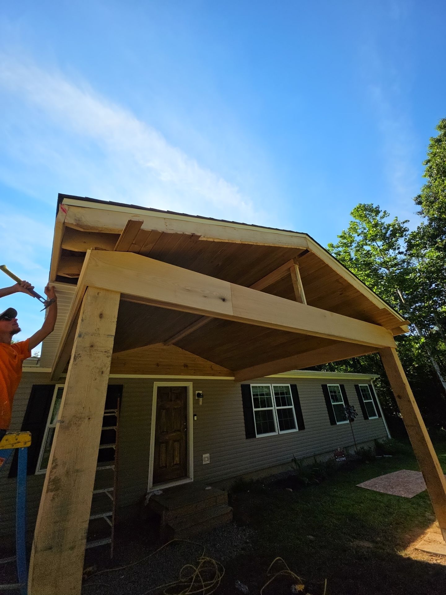 Custom Timber Frame Gable Porch Addition in Leechburg by Cousins Roofing Siding & Decks